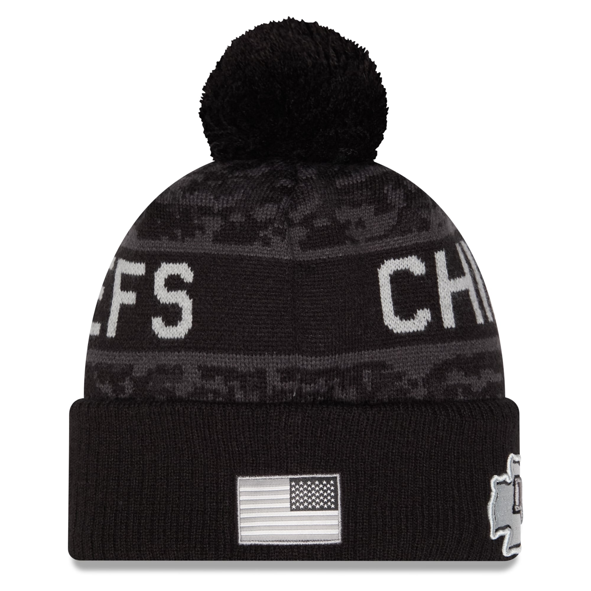 Bonnet tricoté à revers New Era noir Kansas City Chiefs 2026 Salute To Service pour jeunes, avec pompon