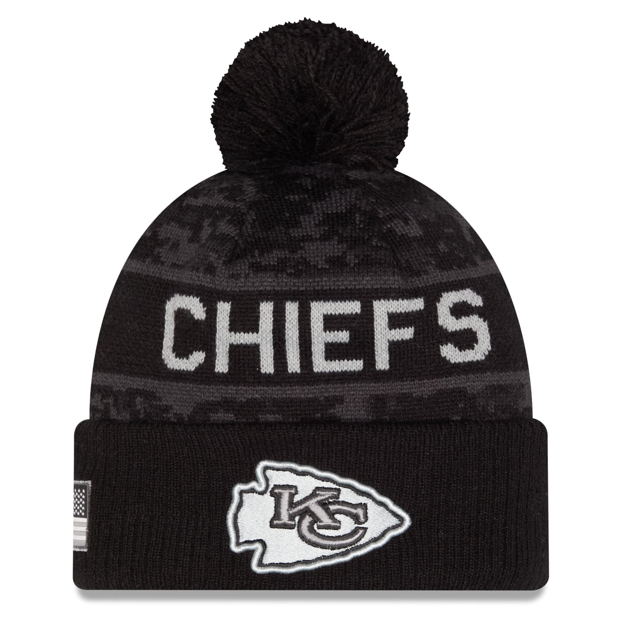Bonnet tricoté à revers New Era noir Kansas City Chiefs 2026 Salute To Service pour jeunes, avec pompon