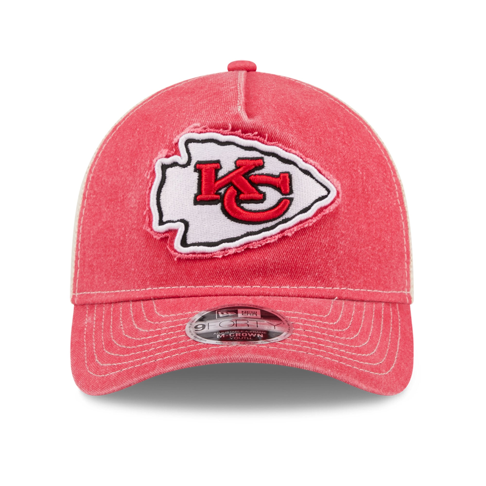 Casquette trucker ajustable New Era rouge Kansas City Chiefs 9FORTY pour jeunes, modèle A-Frame M-Crown, pour les fans des Chiefs de Kansas City.
