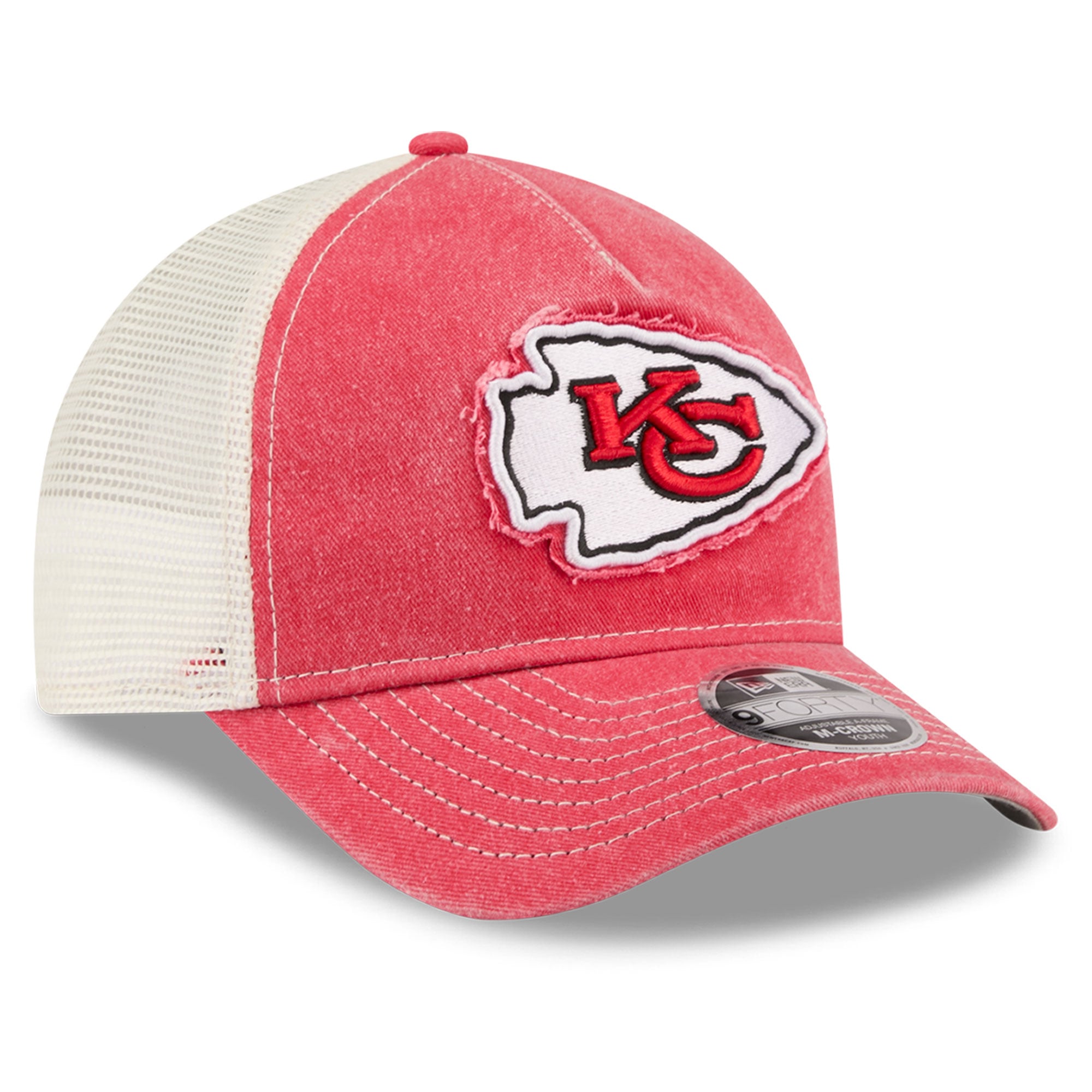 Casquette trucker ajustable New Era rouge Kansas City Chiefs 9FORTY pour jeunes, modèle A-Frame M-Crown, pour les fans des Chiefs de Kansas City.
