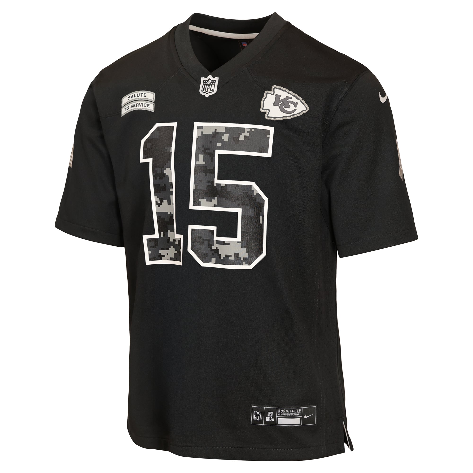 Maillot Nike Patrick Mahomes noir pour enfant, Kansas City Chiefs, édition spéciale 2026 « Salute to Service ».