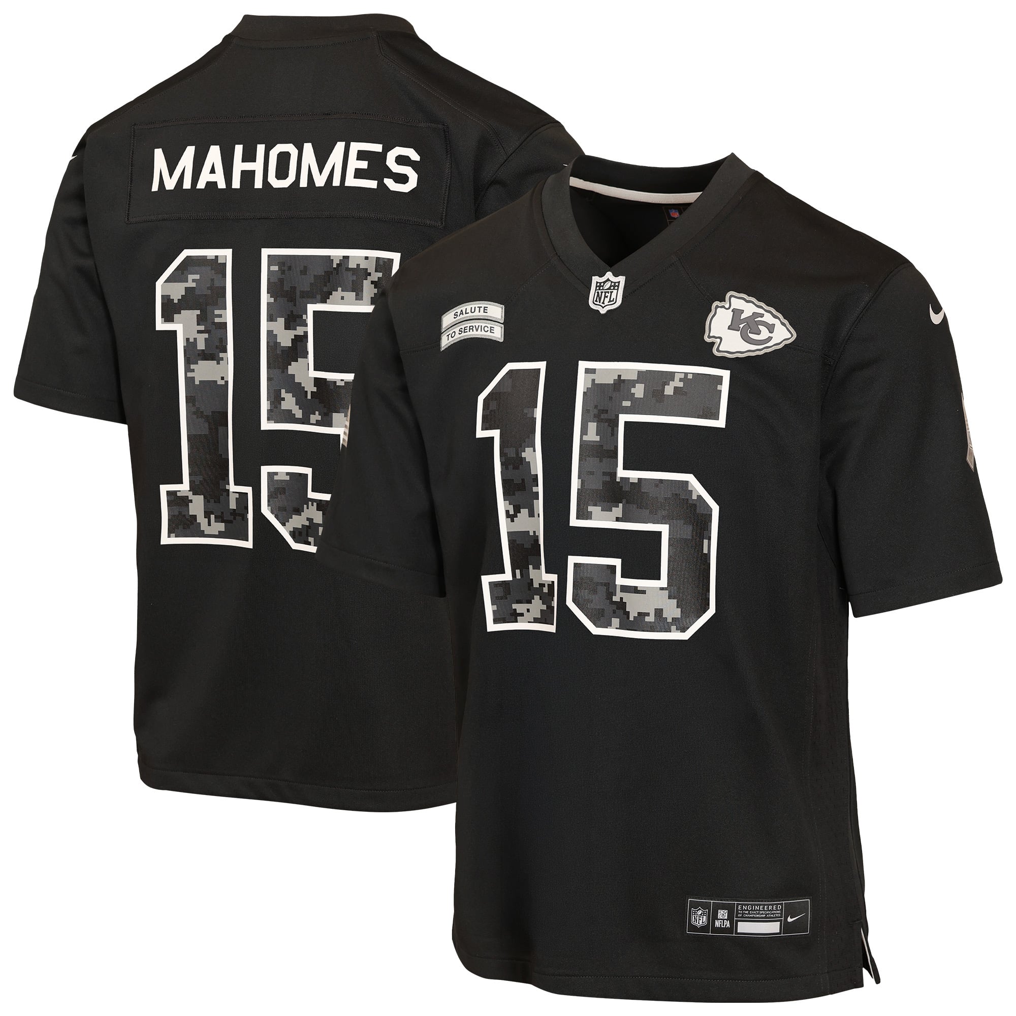 Maillot Nike Patrick Mahomes noir pour enfant, Kansas City Chiefs, édition spéciale 2026 « Salute to Service ».