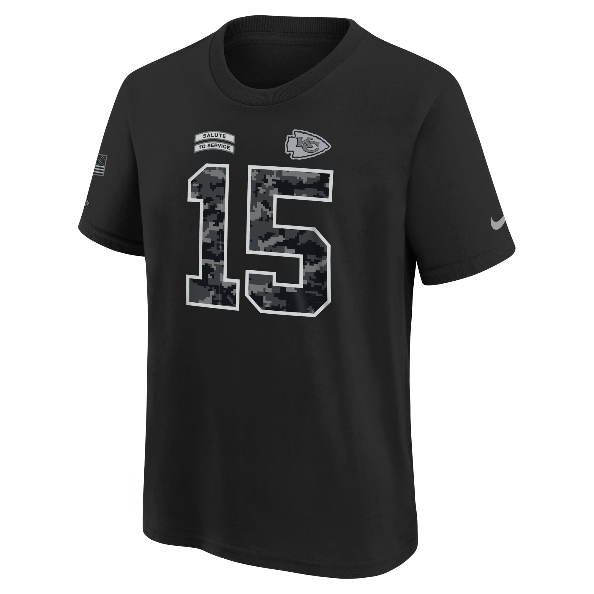 T-shirt Nike Patrick Mahomes noir Kansas City Chiefs 2026 Salute to Service pour jeunes, avec nom et numéro
