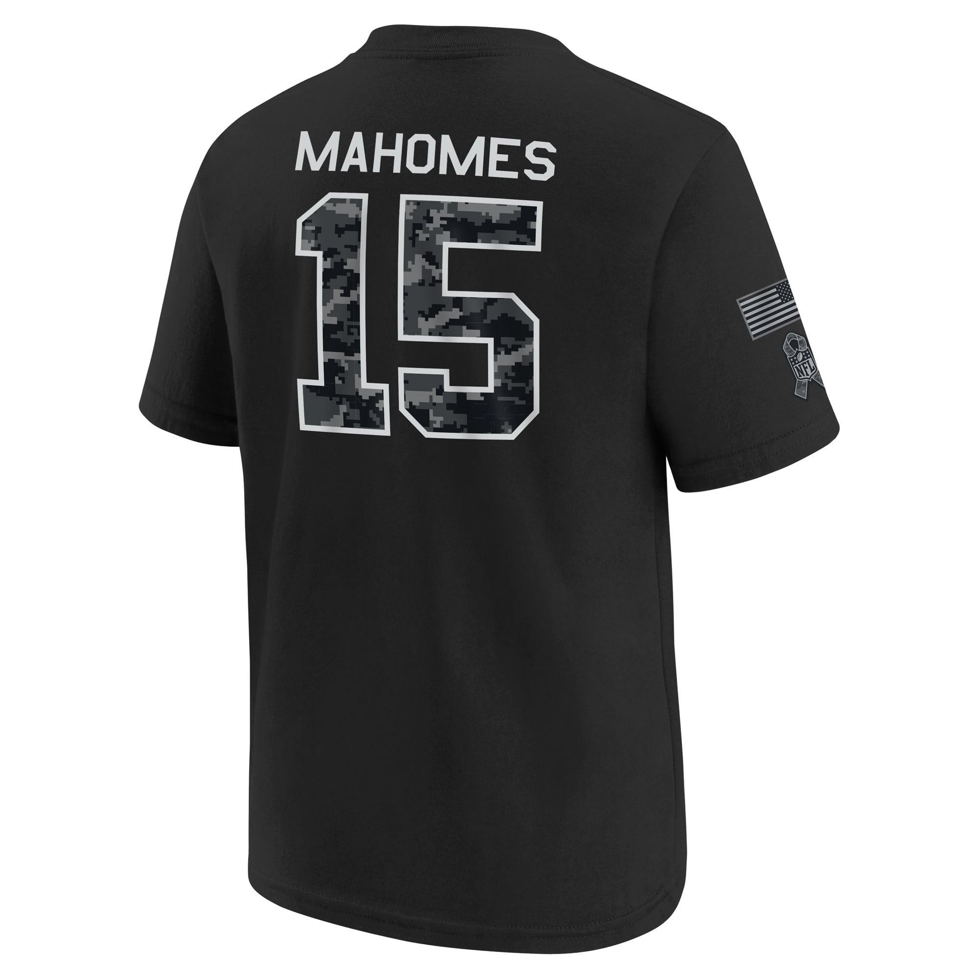 T-shirt Nike Patrick Mahomes noir Kansas City Chiefs 2026 Salute to Service pour jeunes, avec nom et numéro
