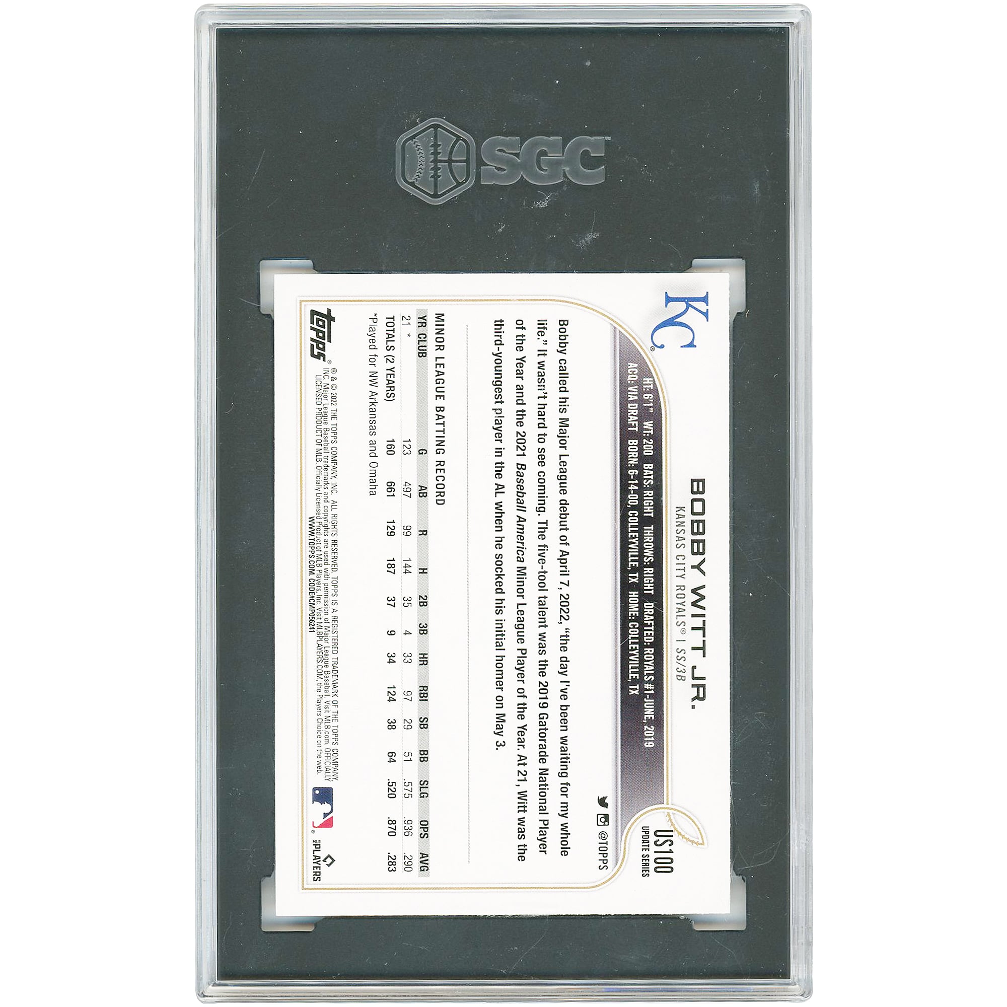 Bobby Witt Jr. Kansas City Royals 2022 Topps Update Royal Blue #US100 SGC Authenticated 10 Rookie Card