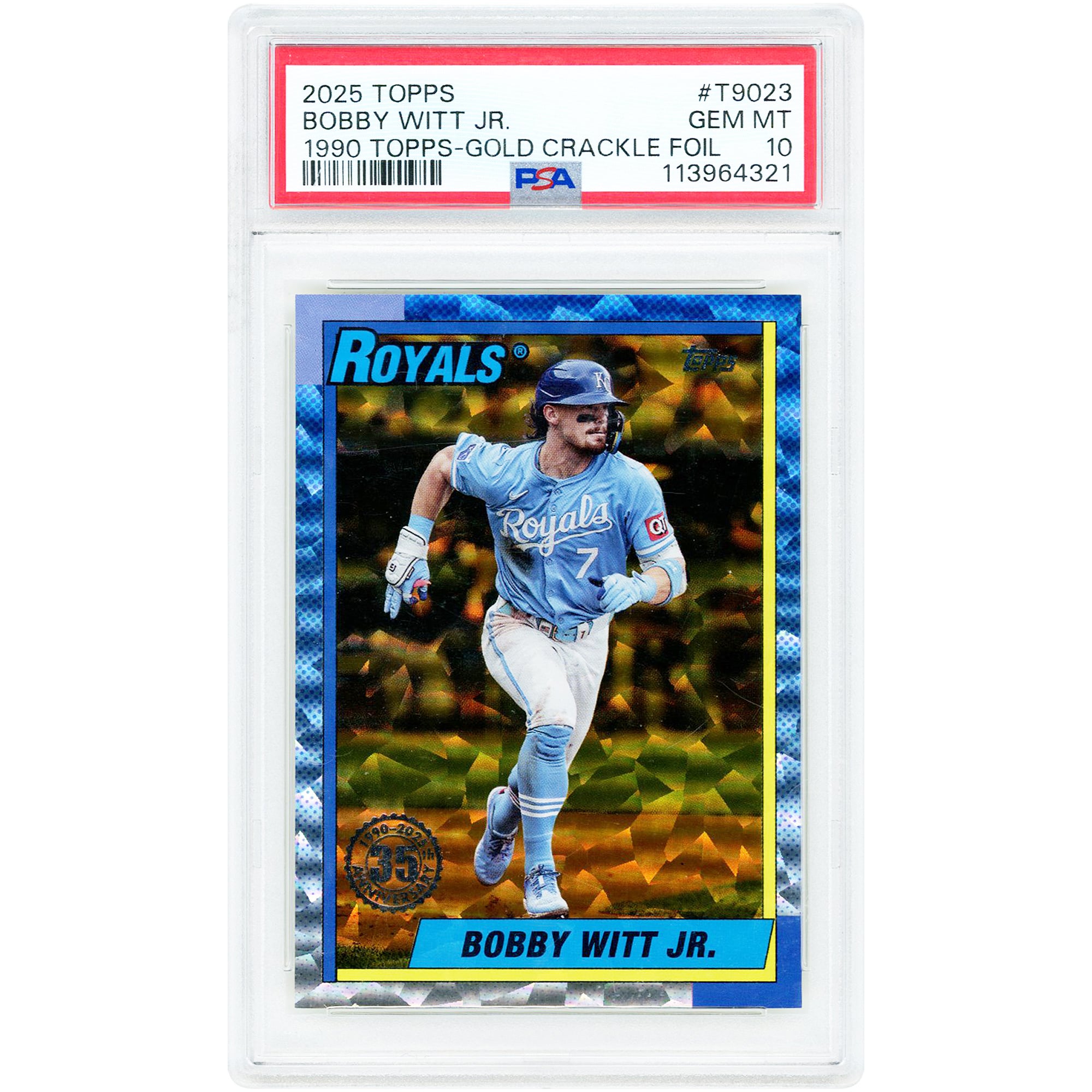 Carte de Bobby Witt Jr. des Royals de Kansas City, édition 2025 Topps, design Topps 1990, finition craquelée or, n° T90-23, n° 44/50, authentifiée par PSA (10 cartes).