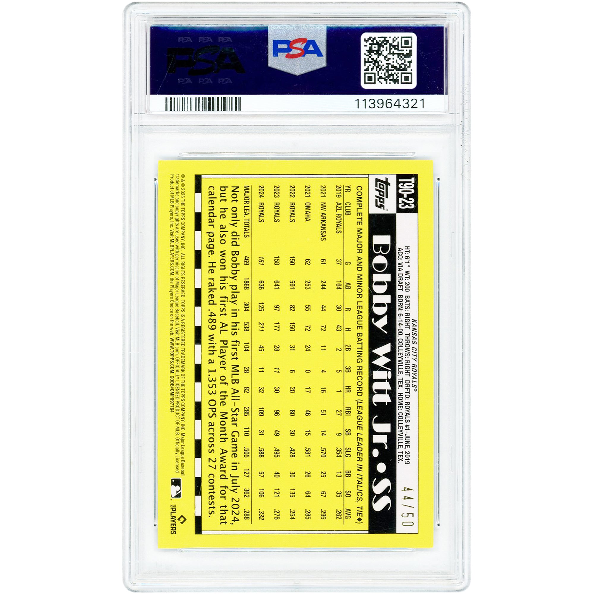 Carte de Bobby Witt Jr. des Royals de Kansas City, édition 2025 Topps, design Topps 1990, finition craquelée or, n° T90-23, n° 44/50, authentifiée par PSA (10 cartes).