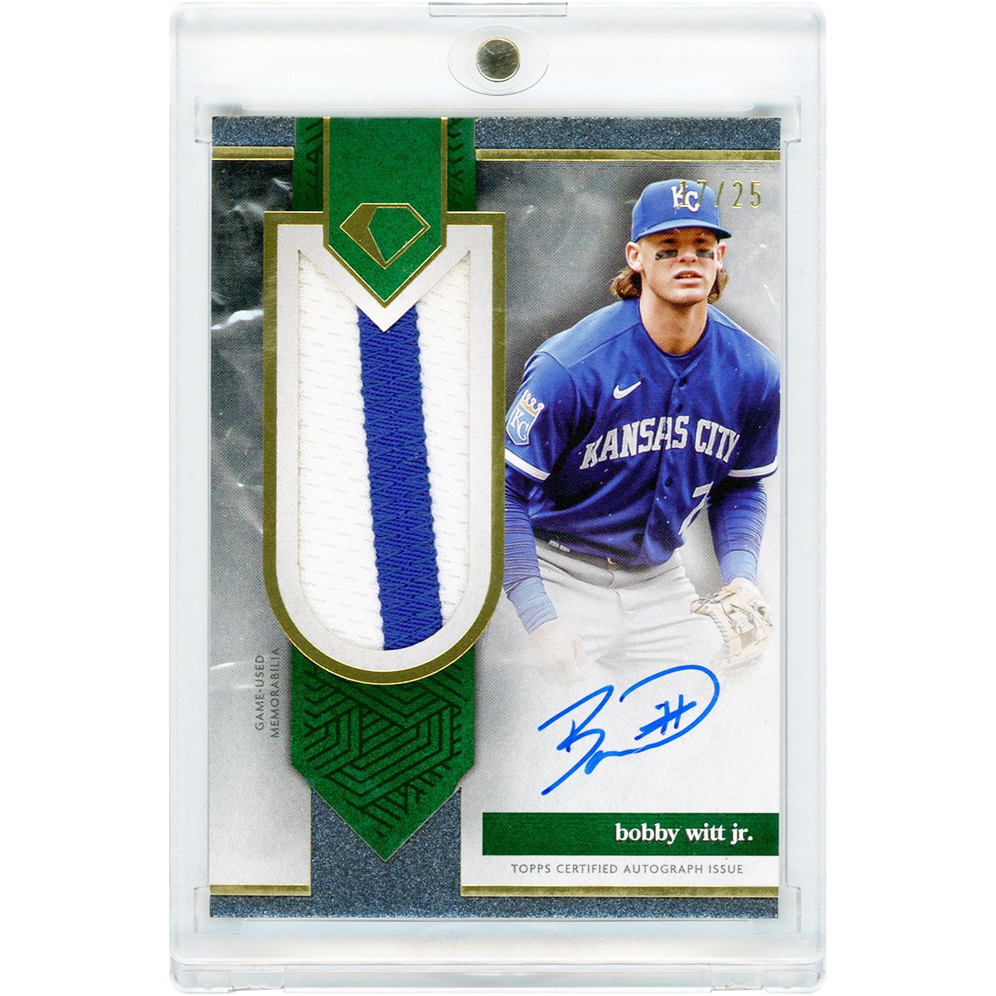 Bobby Witt Jr. Kansas City Royals Autographed 2024 Topps Diamond Icons Jumbo Patch Game Used Dual-Color Jersey Relic #AJP-BW #17/25 Card