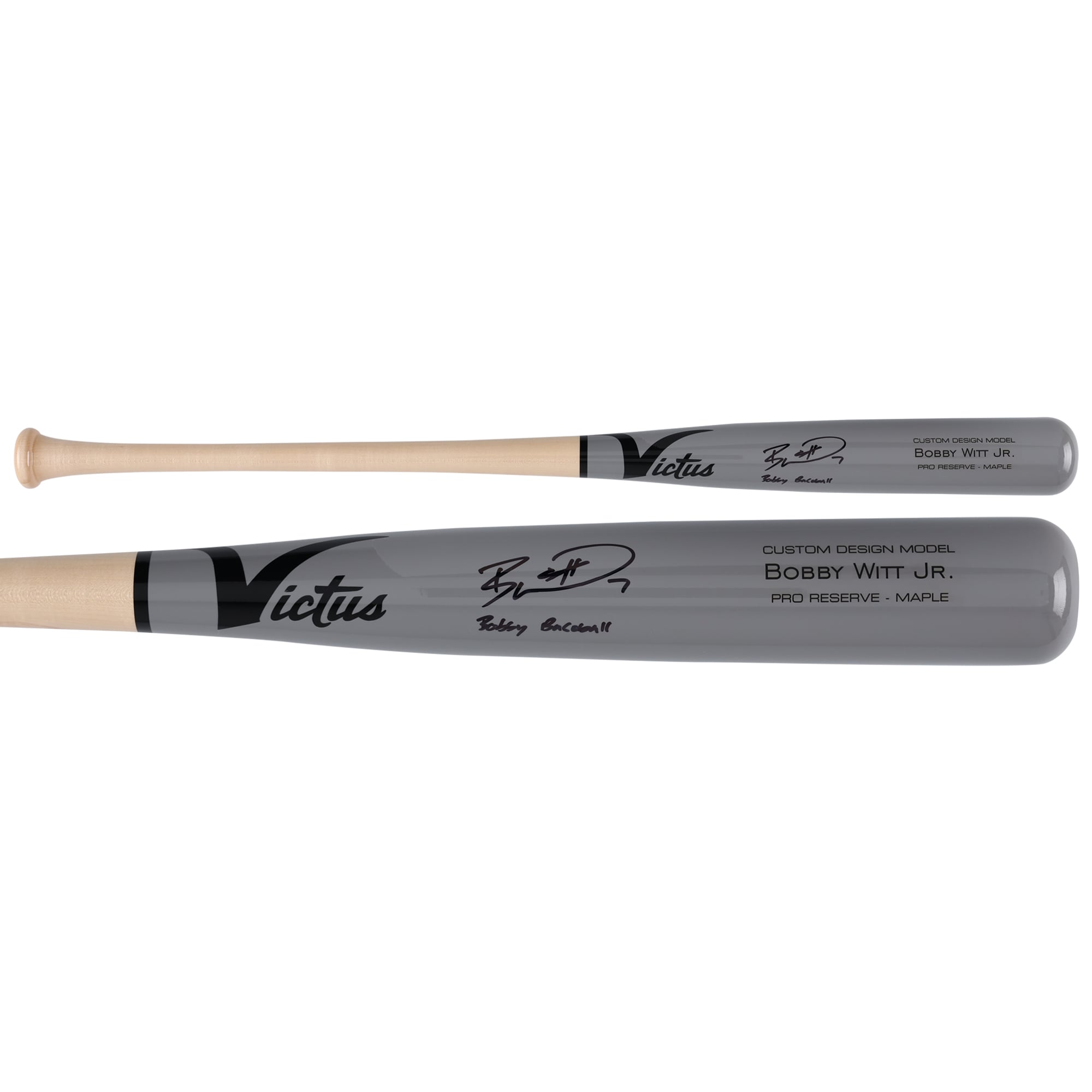 Batte de baseball Victus autographiée par Bobby Witt Jr. des Royals de Kansas City, modèle réduit, avec l'inscription « Bobby Baseball ».