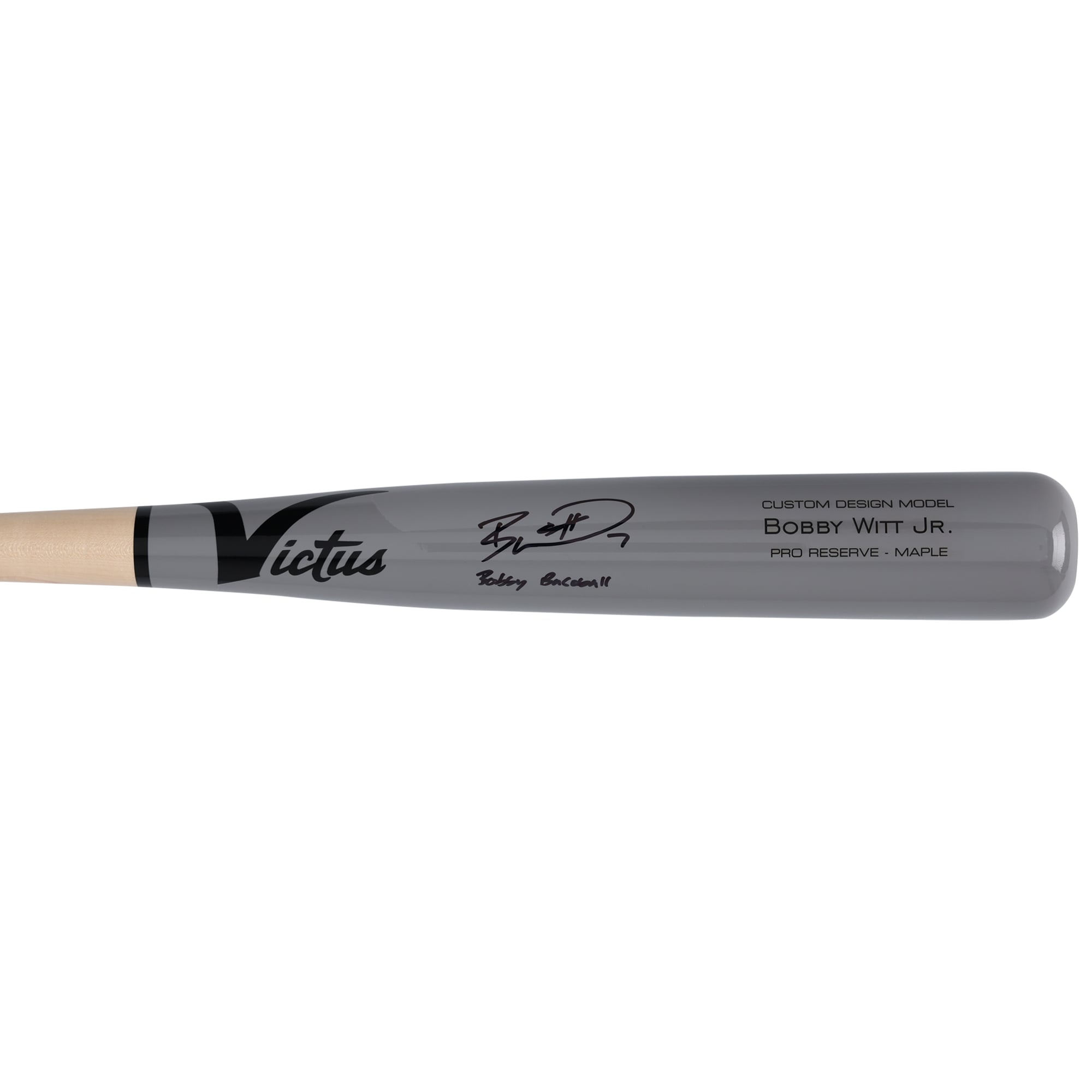 Batte de baseball Victus autographiée par Bobby Witt Jr. des Royals de Kansas City, modèle réduit, avec l'inscription « Bobby Baseball ».
