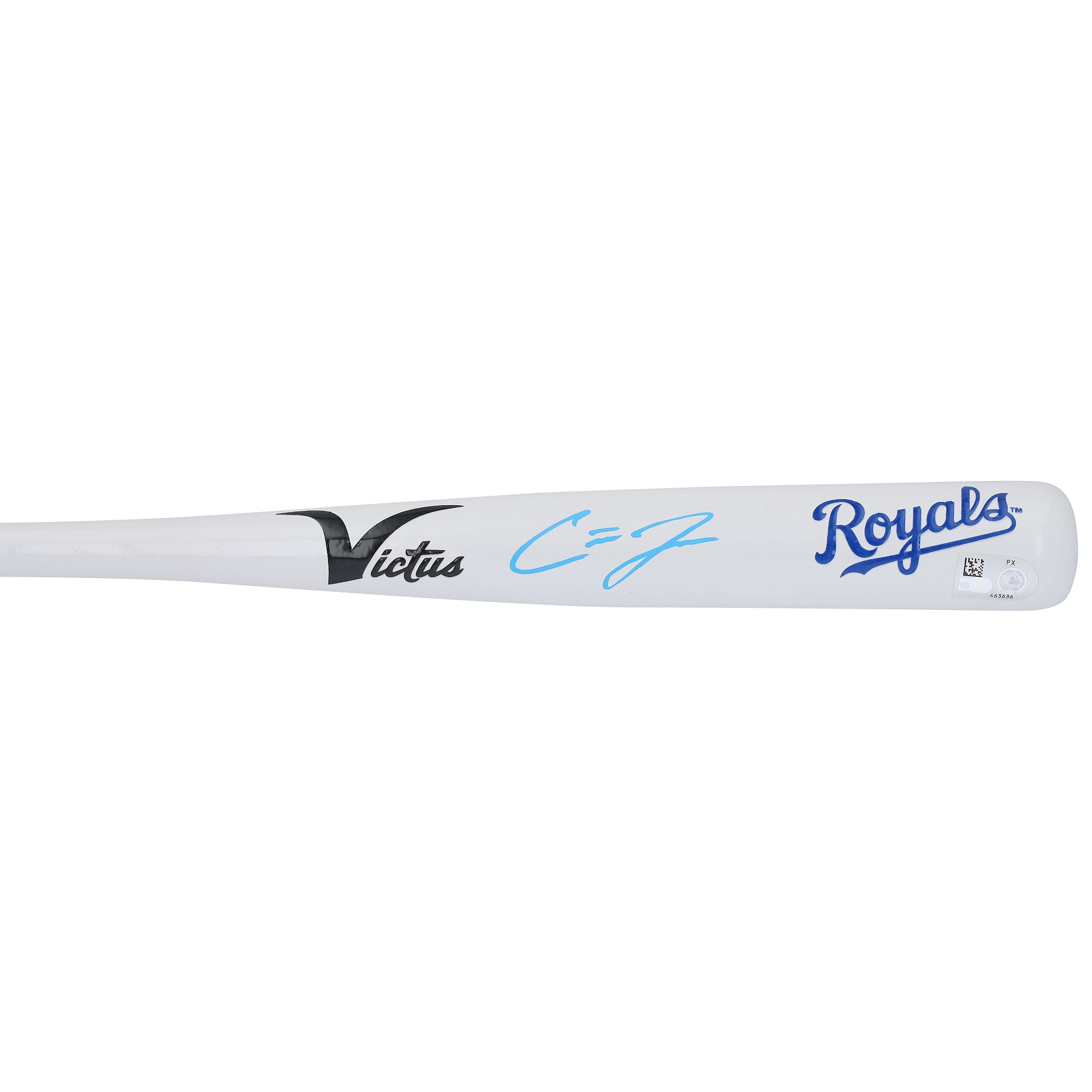 Bâton miniature Victus autographié par Carter Jensen, joueur des Royals de Kansas City, avec identification de l'équipe.