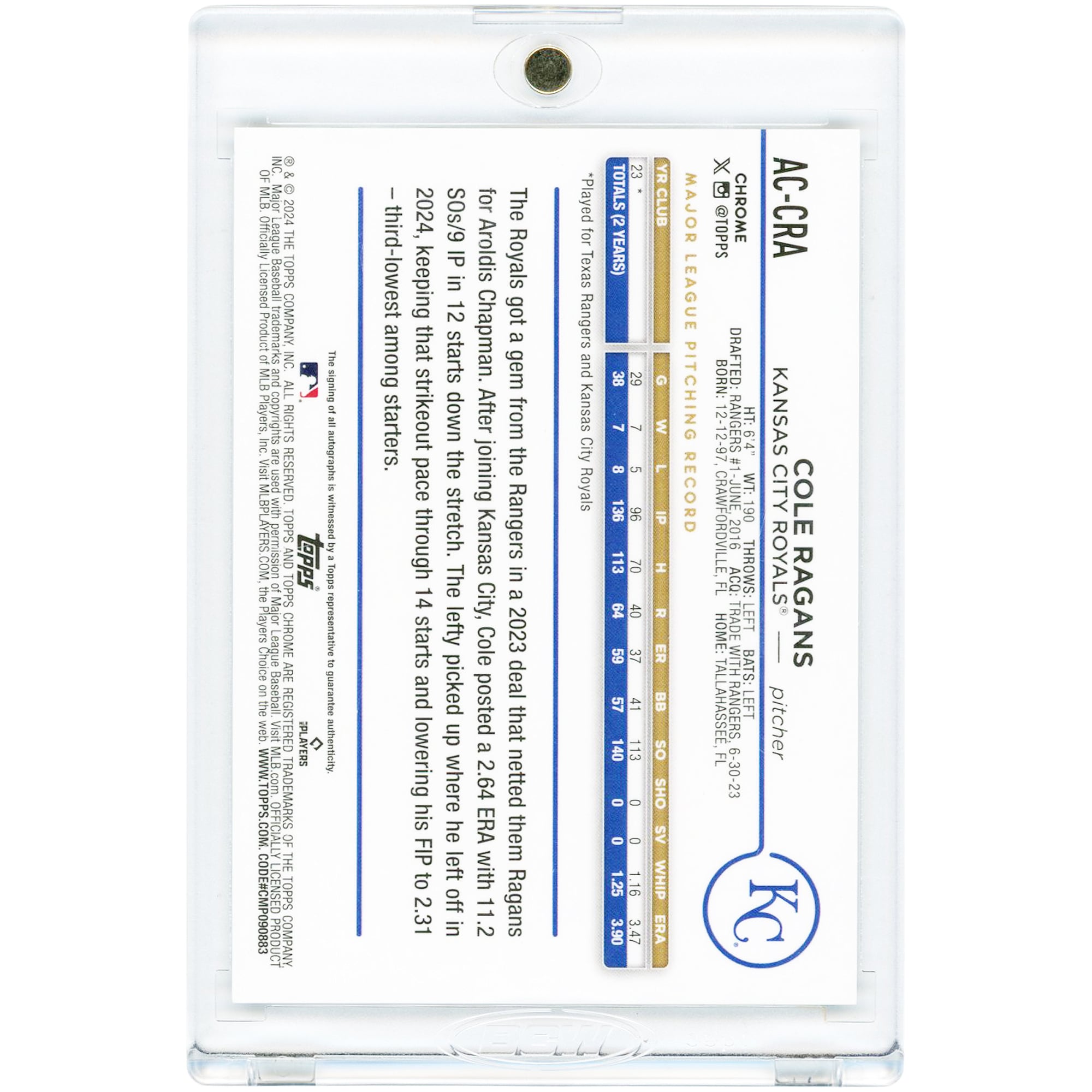 Cole Ragans Kansas City Royals Autographed 2024 Topps Chrome Black Refractor #Ac-CRA #5/10 Card