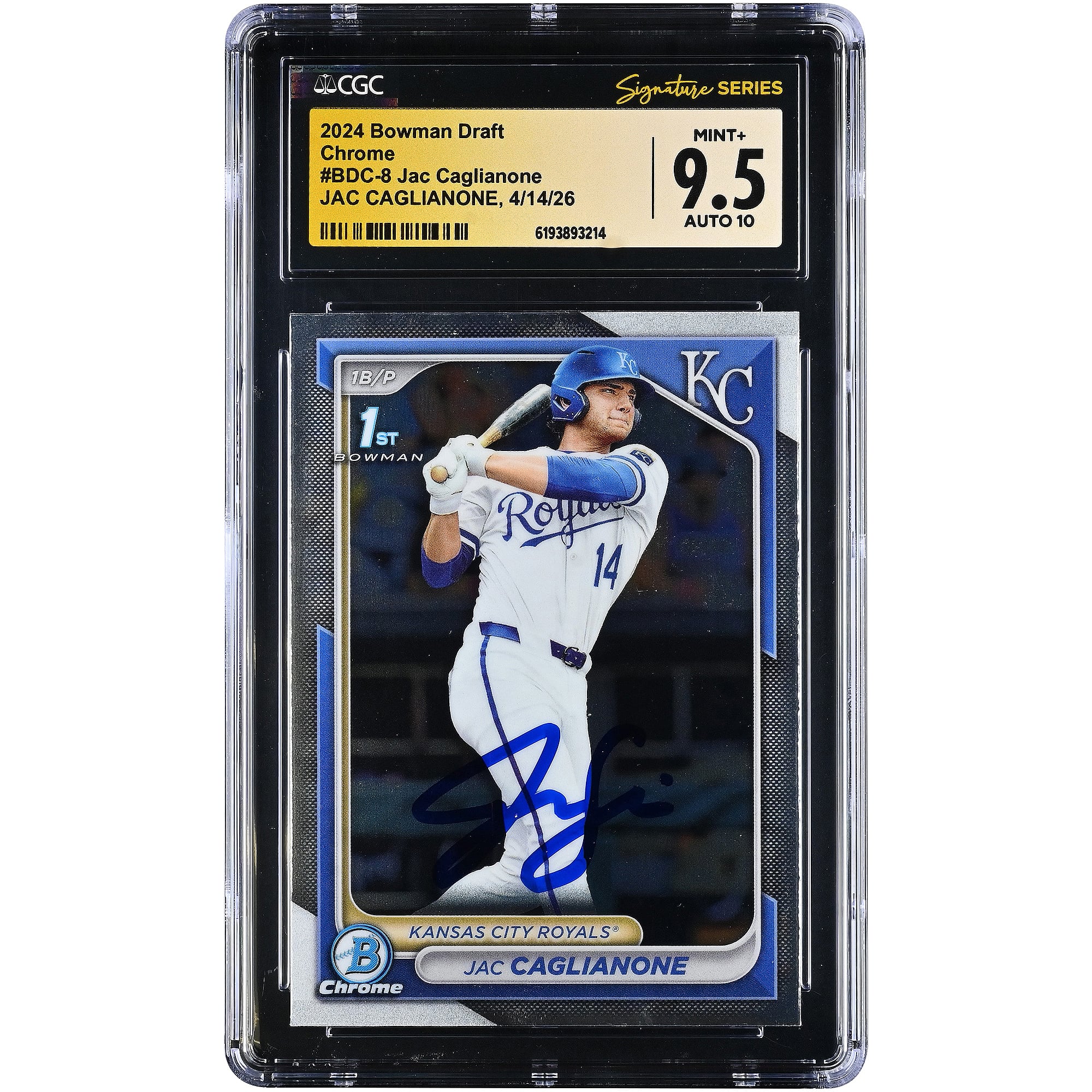 Jac Caglianone Kansas City Royals Autographed 2024 Bowman Draft Chrome #BDC-8 CGC Fanatics Witnessed Authenticated 9.5/10 Card