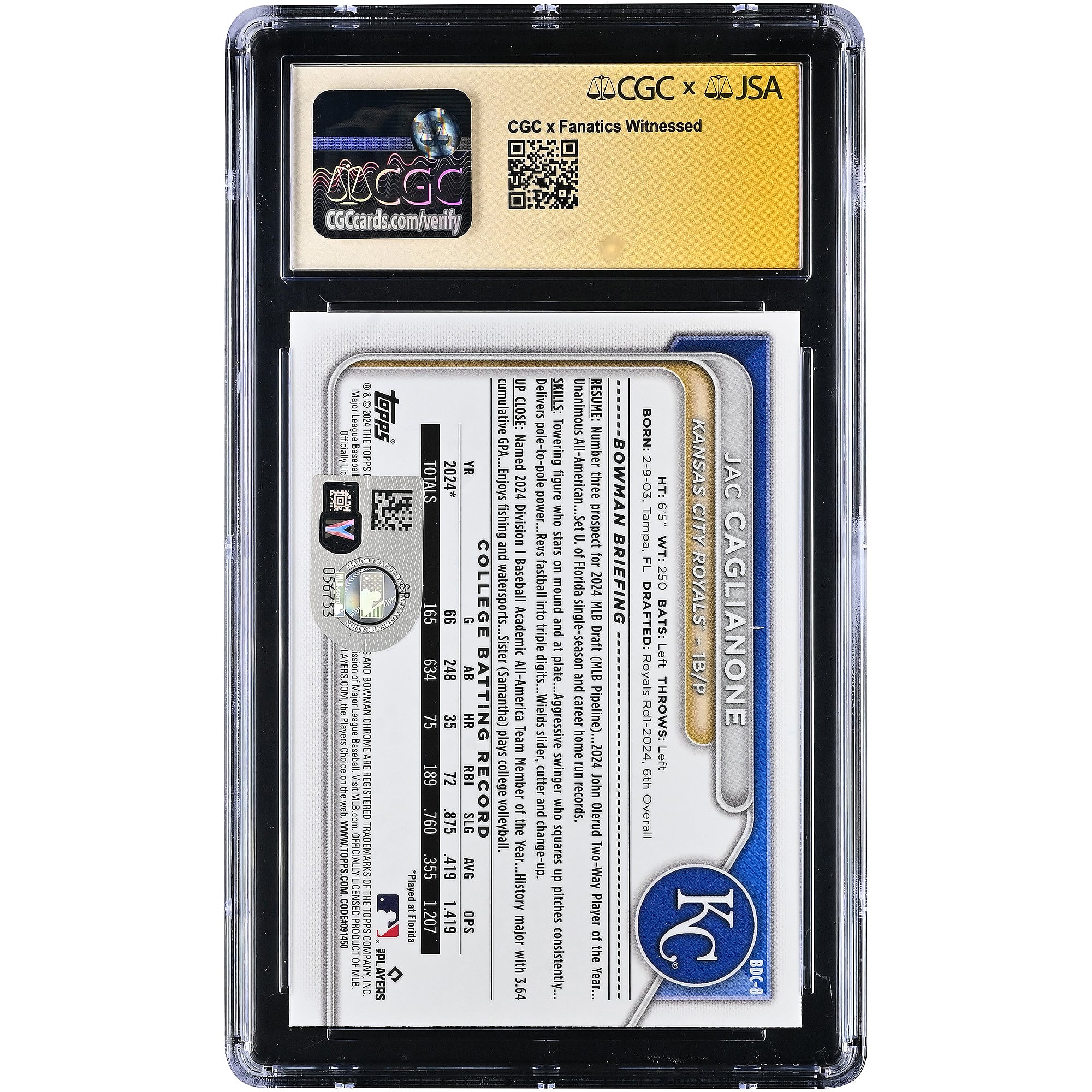 Jac Caglianone Kansas City Royals Autographed 2024 Bowman Draft Chrome #BDC-8 CGC Fanatics Witnessed Authenticated 9.5/10 Card