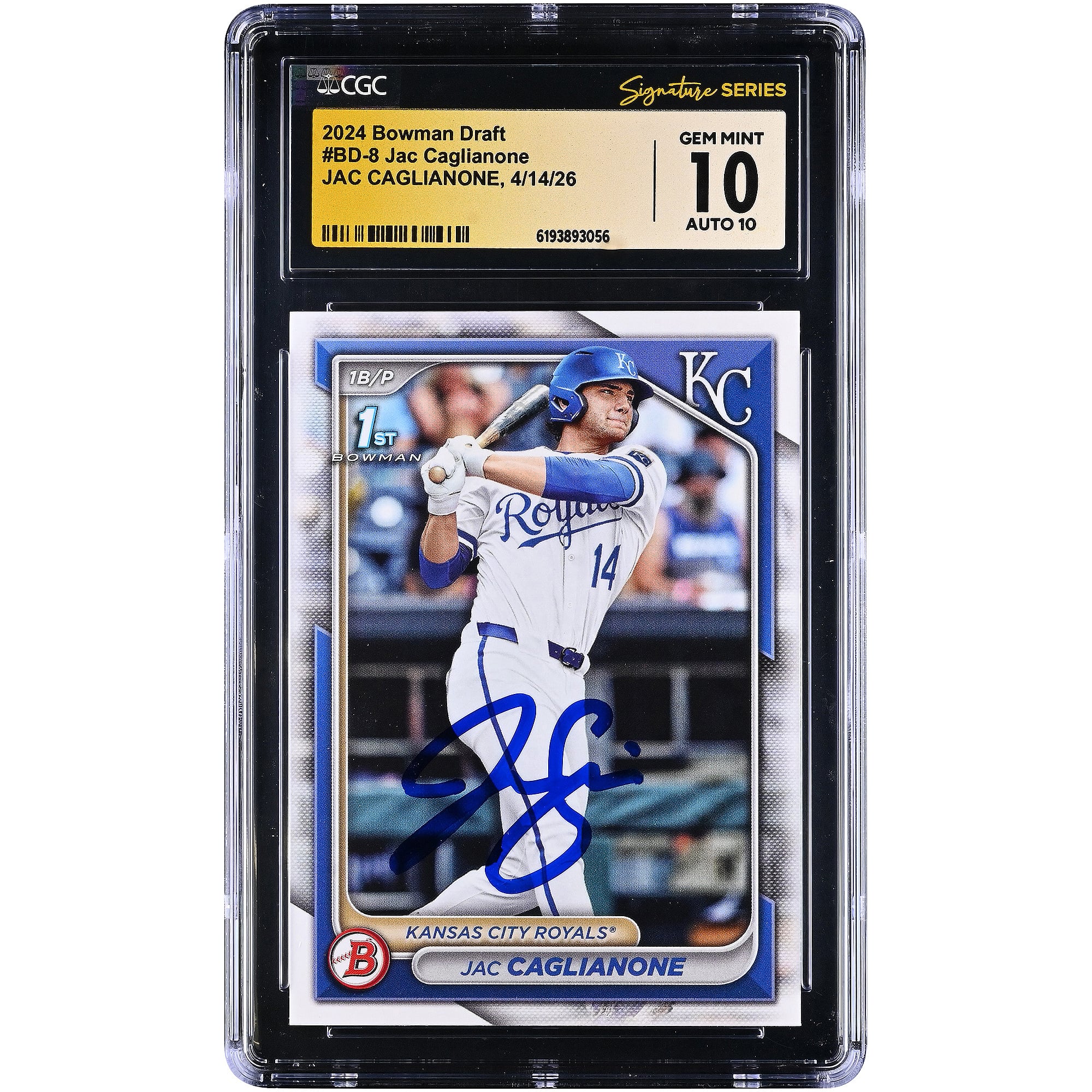 Jac Caglianone Kansas City Royals Autographed 2024 Bowman Draft #BD-8 CGC Fanatics Witnessed Authenticated 10/10 Card