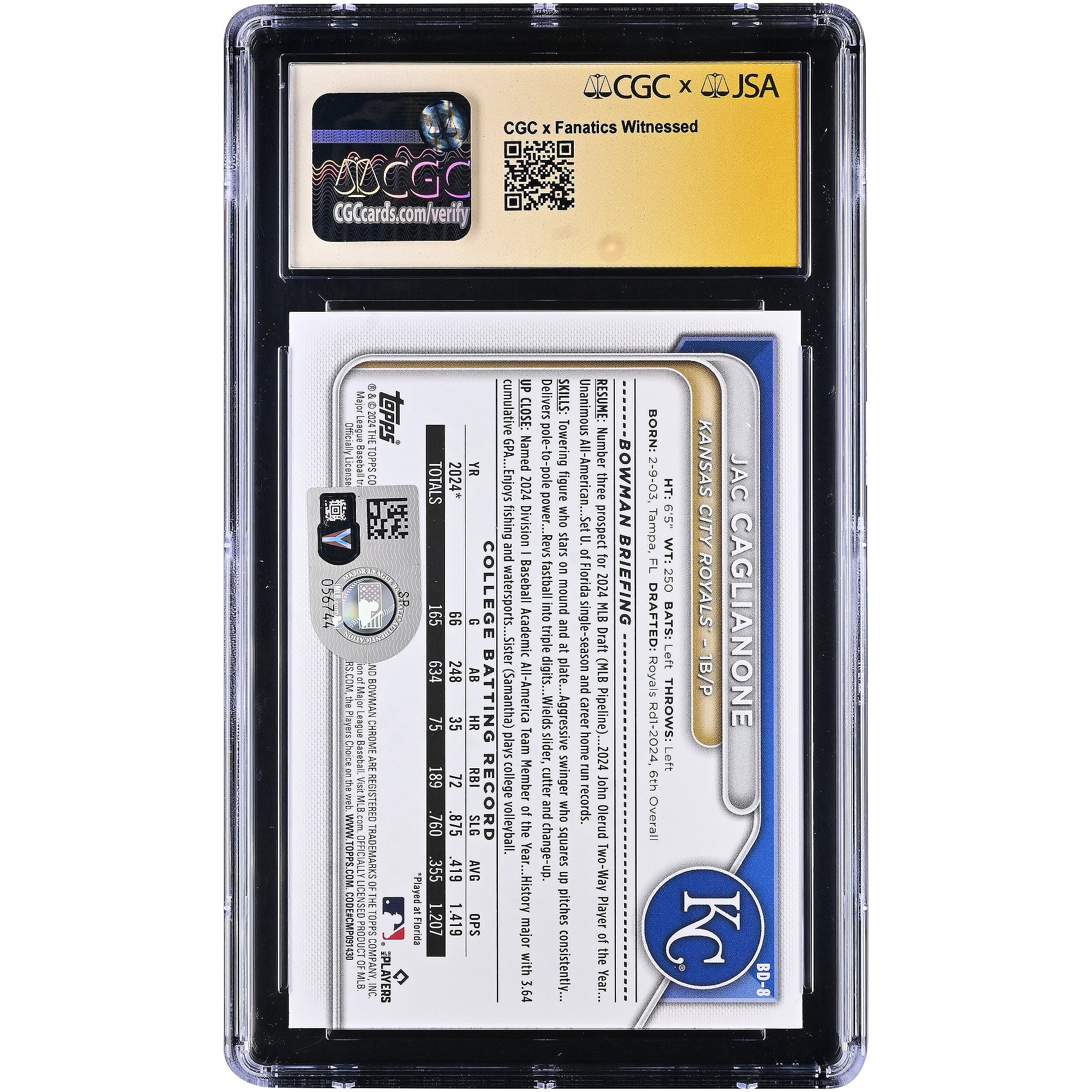 Jac Caglianone Kansas City Royals Autographed 2024 Bowman Draft #BD-8 CGC Fanatics Witnessed Authenticated 10/10 Card