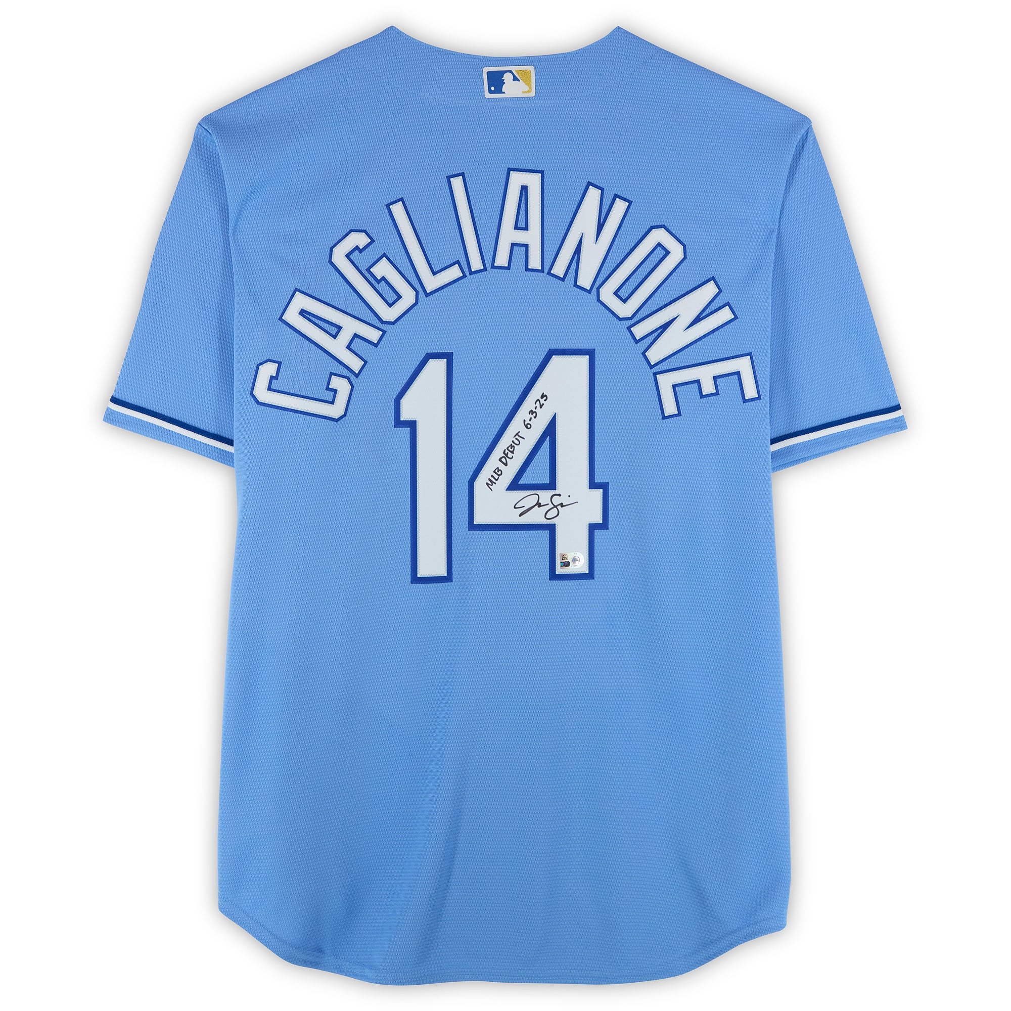 Maillot réplique Nike bleu clair autographié par Jac Caglianone des Kansas City Royals avec inscription « Débuts en MLB le 3 juin 2025 ».