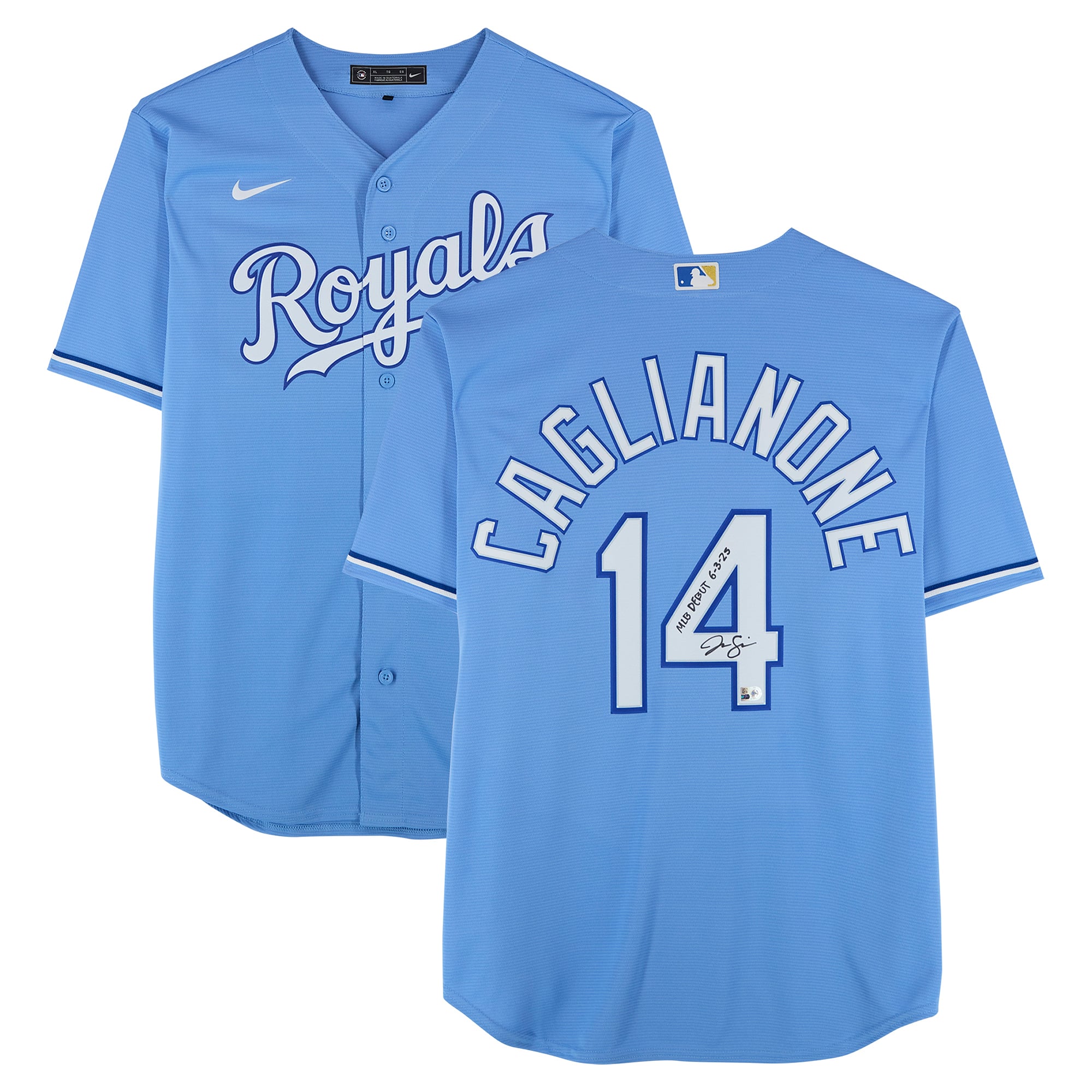Maillot réplique Nike bleu clair autographié par Jac Caglianone des Kansas City Royals avec inscription « Débuts en MLB le 3 juin 2025 ».