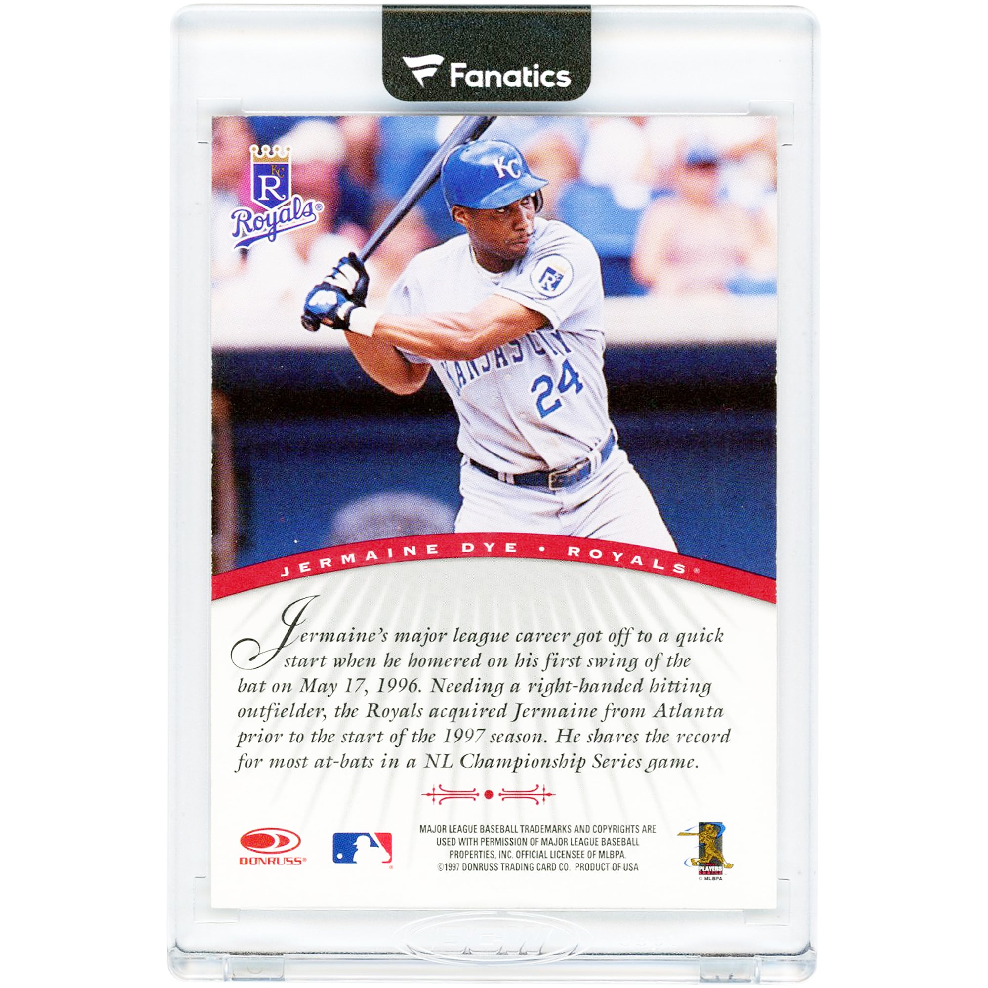 Carte autographiée de Jermaine Dye (Kansas City Royals) de la série Donruss Signature Series 1997, numéro NNO