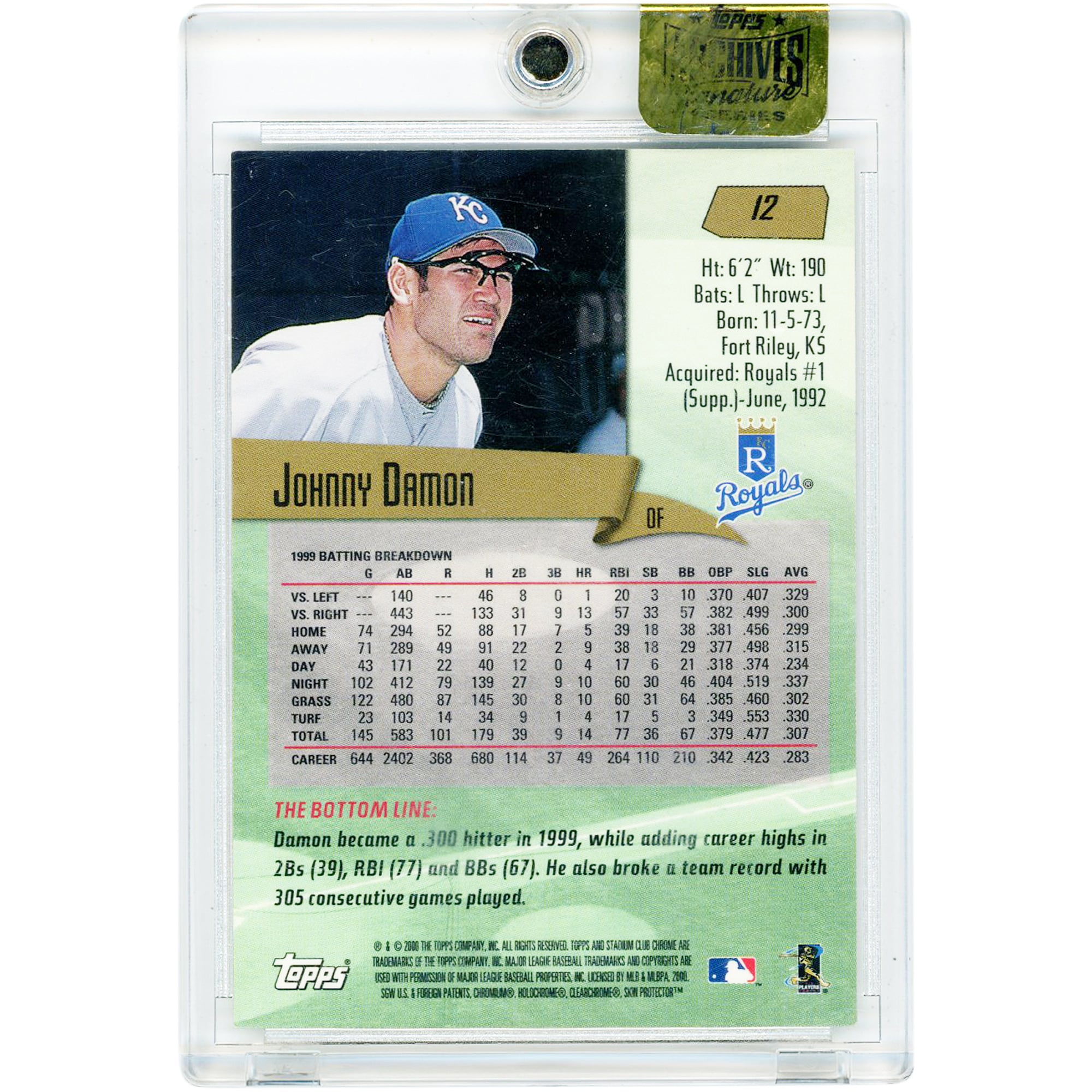 Carte autographiée de Johnny Damon (Kansas City Royals) - Collection Topps Archives Signature Series 2000 Topps Stadium Club Chrome n° 12 (2016)