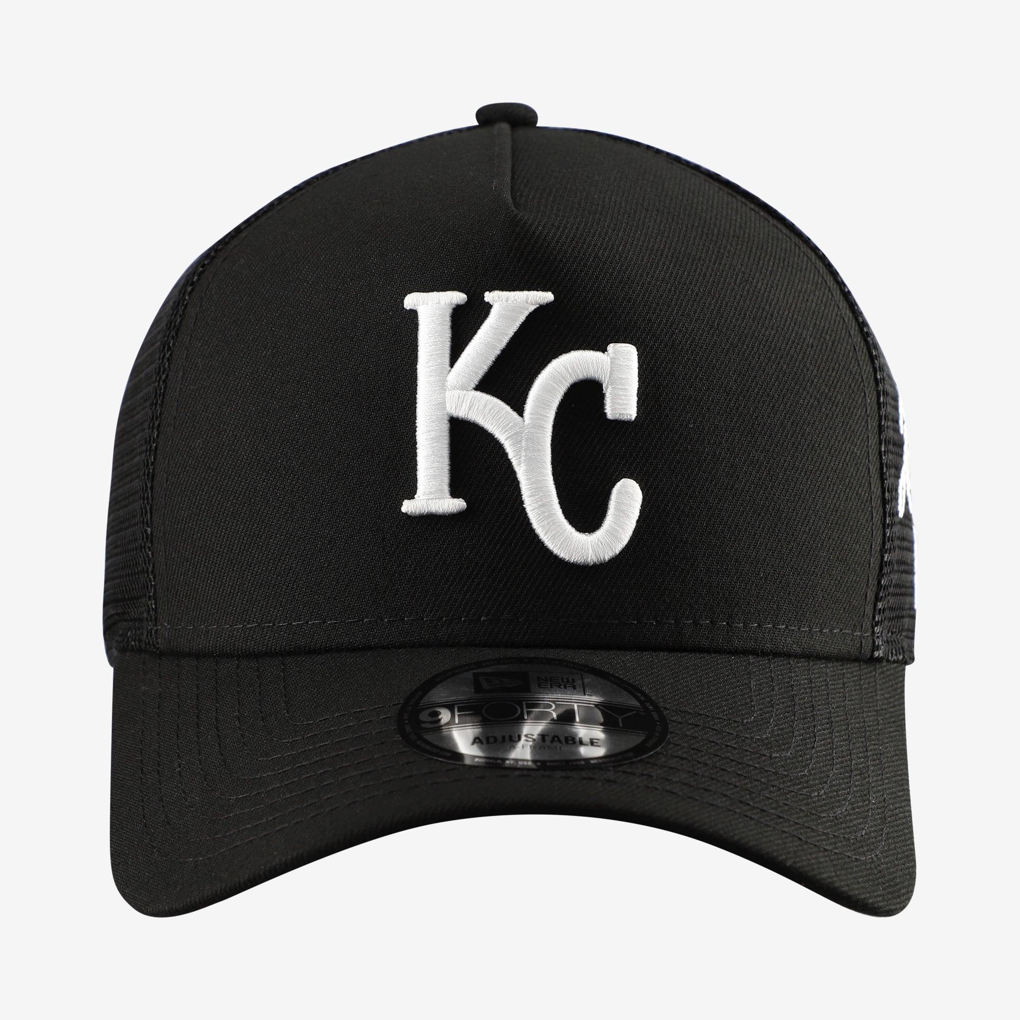 Men's New Era Black Kansas City Royals Side Script 9FORTY A-Frame Trucker Adjustable Hat