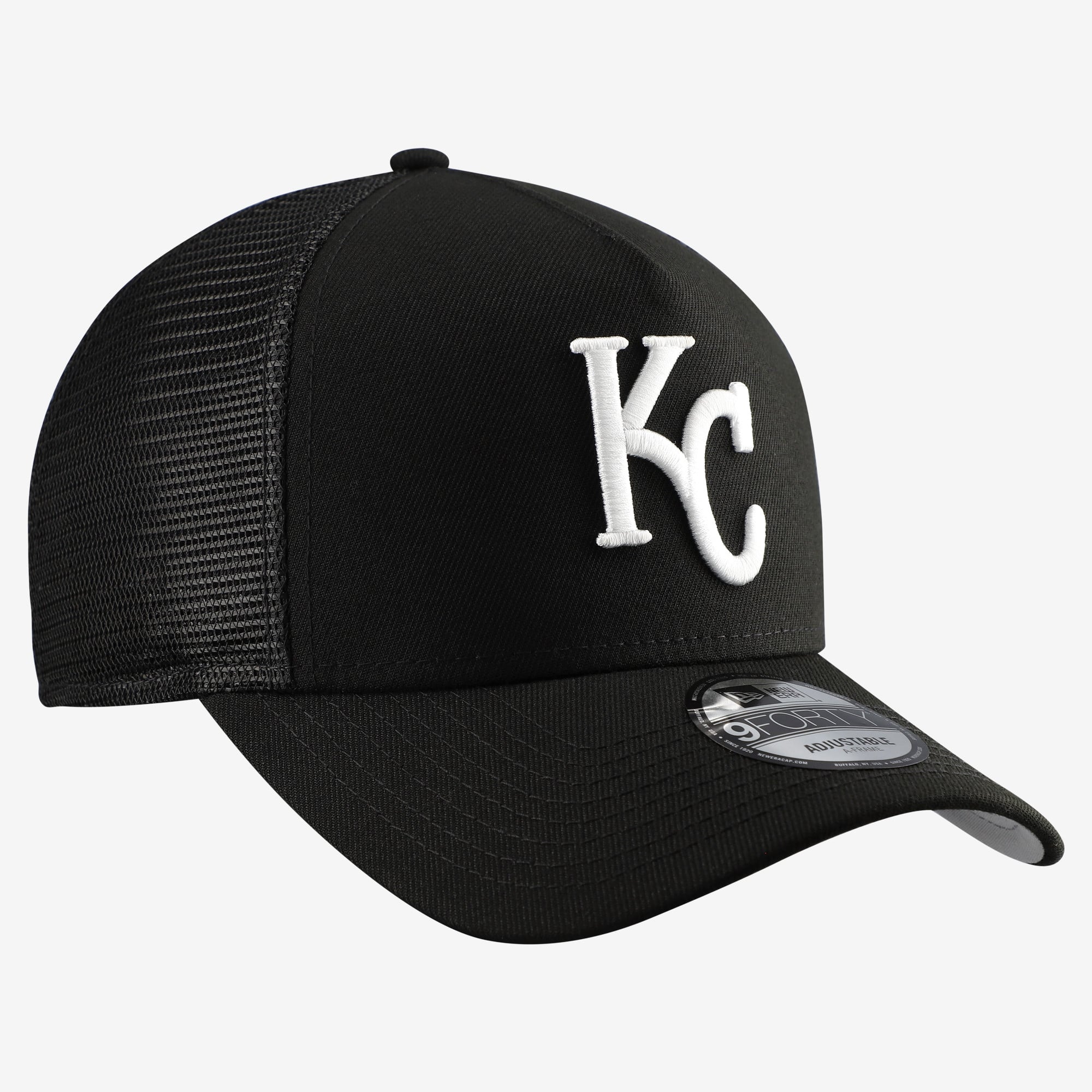 Men's New Era Black Kansas City Royals Side Script 9FORTY A-Frame Trucker Adjustable Hat