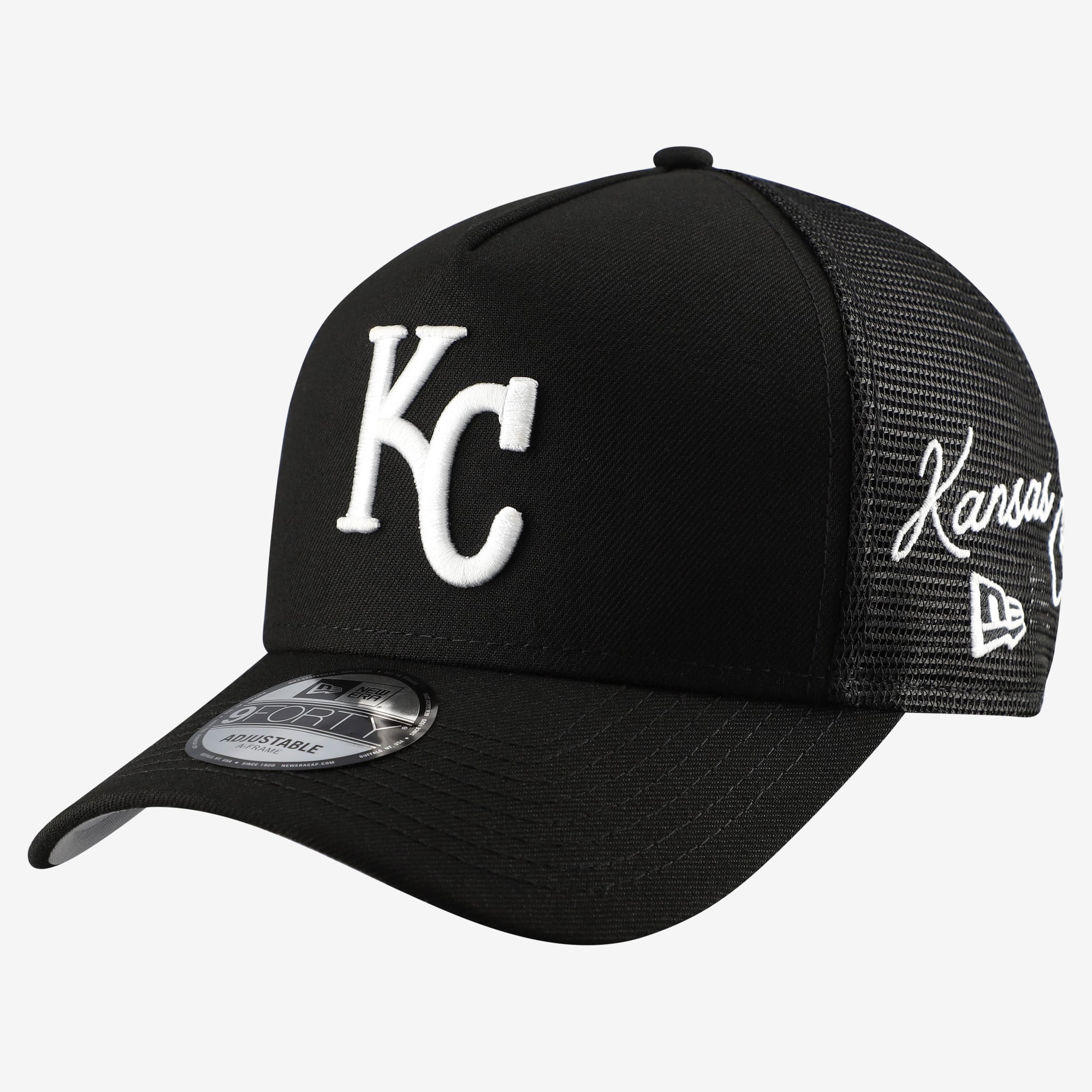 Men's New Era Black Kansas City Royals Side Script 9FORTY A-Frame Trucker Adjustable Hat