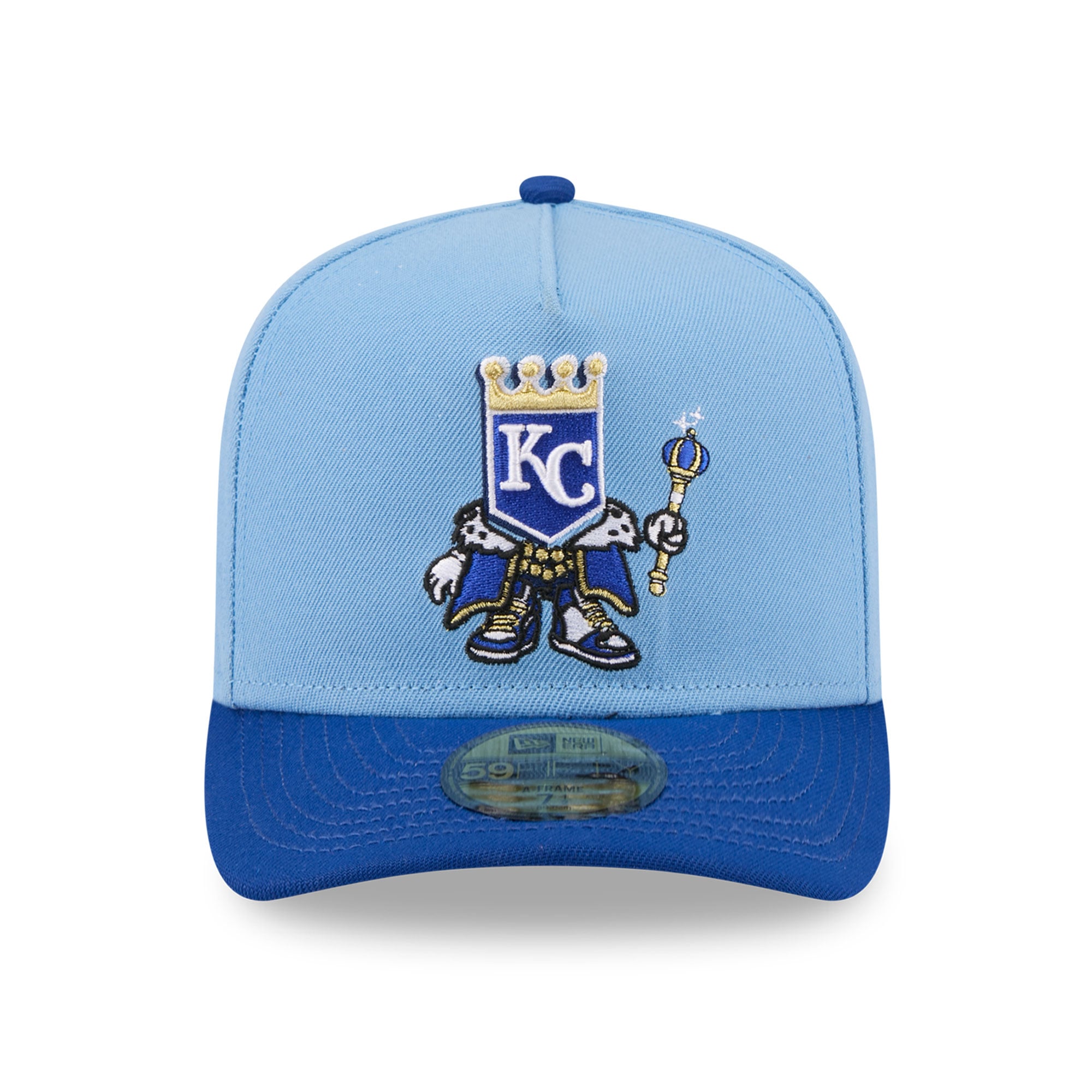 Casquette ajustée New Era 59FIFTY pour homme, bleu clair/bleu, motif Kansas City Royals, style dessin animé.