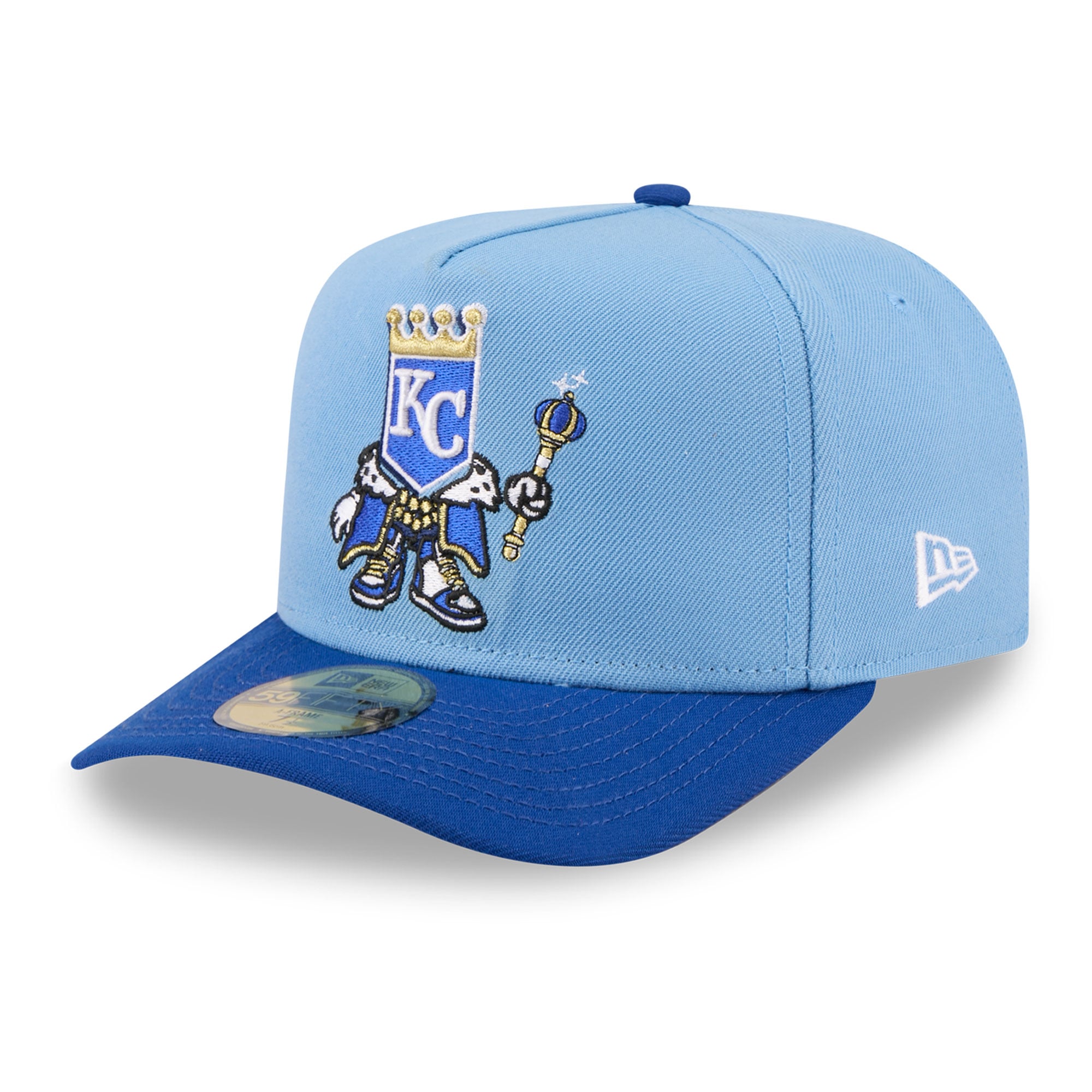 Casquette ajustée New Era 59FIFTY pour homme, bleu clair/bleu, motif Kansas City Royals, style dessin animé.