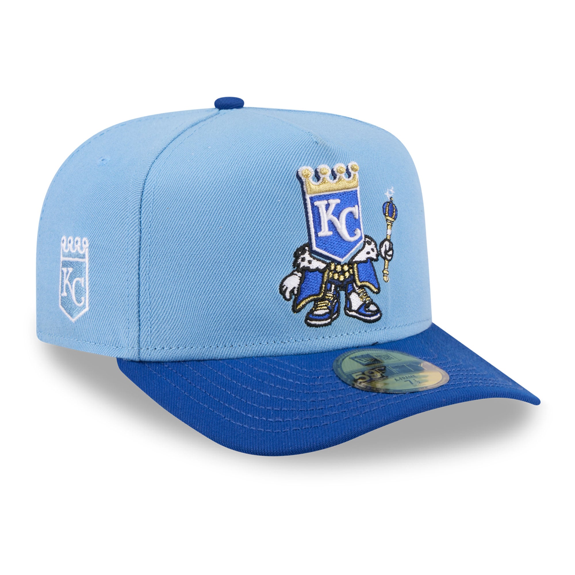 Casquette ajustée New Era 59FIFTY pour homme, bleu clair/bleu, motif Kansas City Royals, style dessin animé.