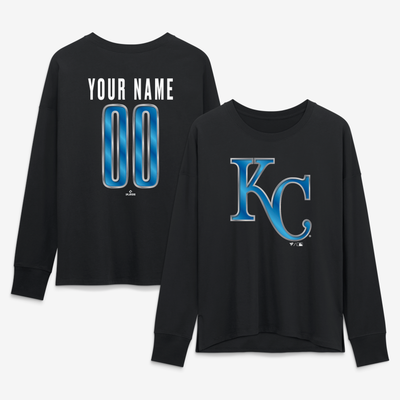Kansas City Royals Women's Metallic Mascot Personalized Name & Number Long Sleeve T-Shirt - Black