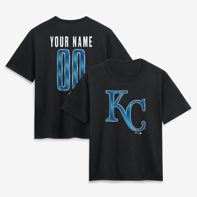 Kansas City Royals Women's Metallic Mascot Personalized Name & Number T-Shirt - Black