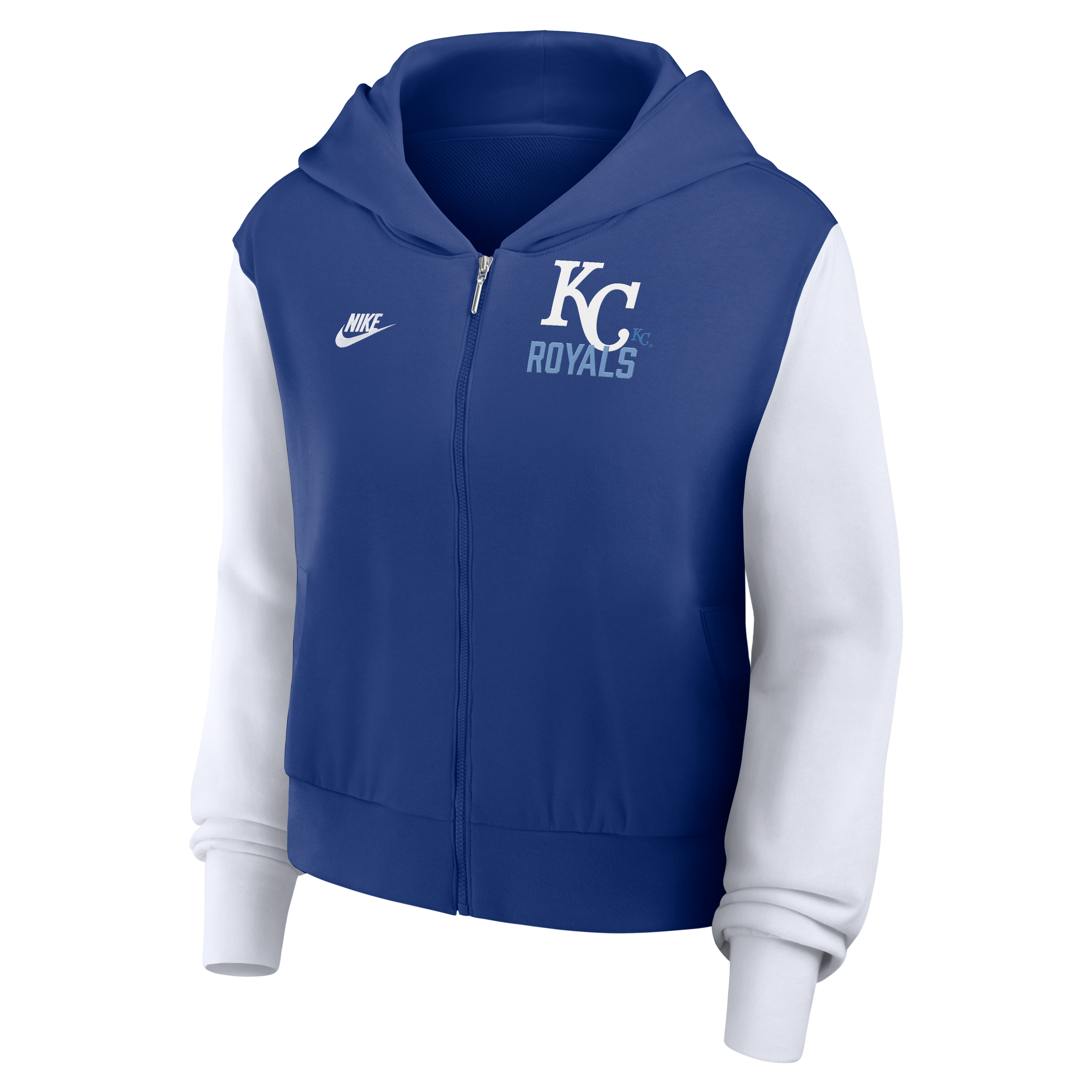 Sweat à capuche court zippé Nike royal Kansas City Royals Cooperstown Collection pour femme, bleu et blanc