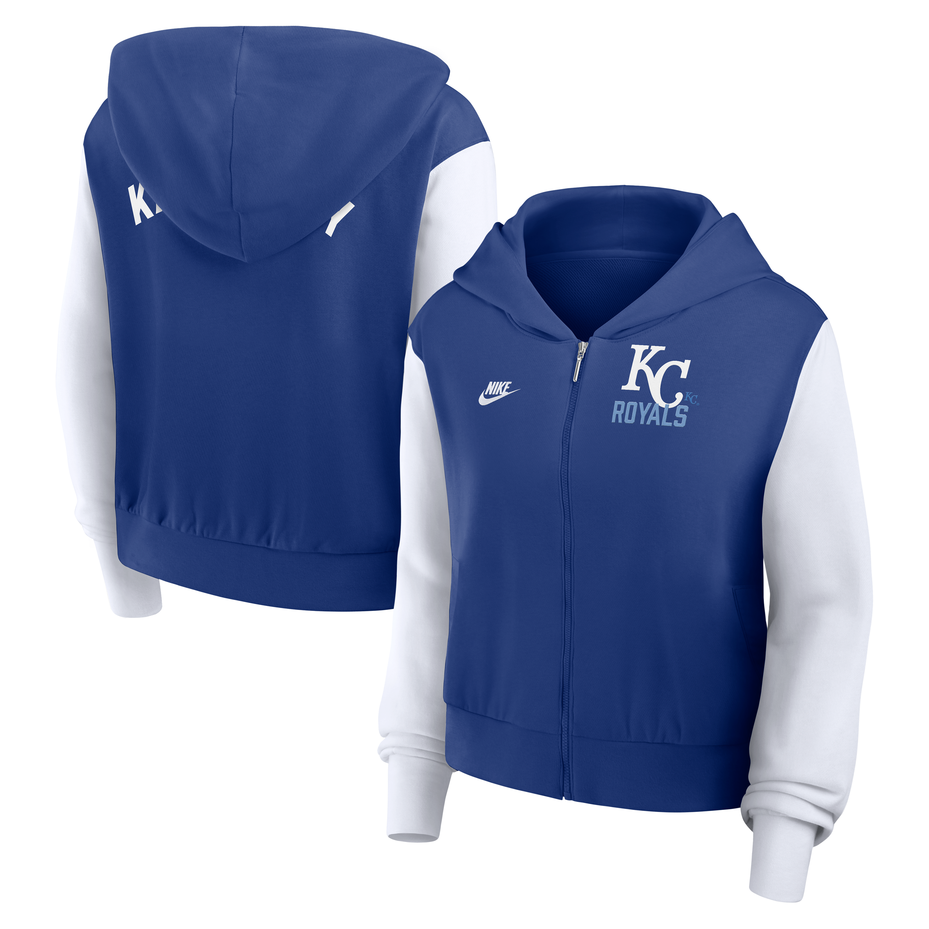 Sweat à capuche court zippé Nike royal Kansas City Royals Cooperstown Collection pour femme, bleu et blanc