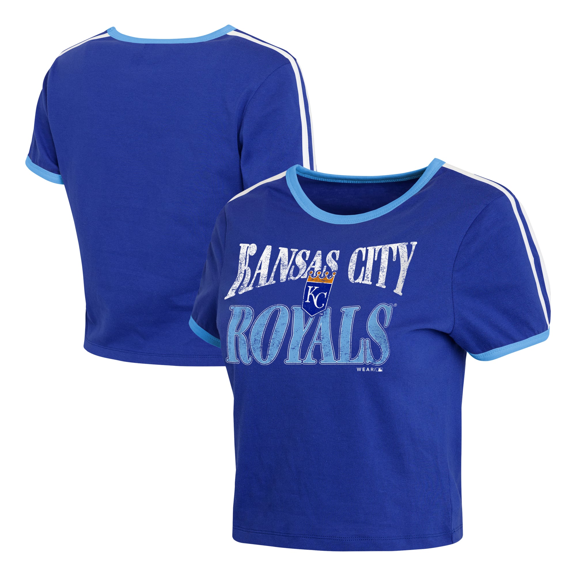 Women's WEAR by Erin Andrews  Royal Kansas City Royals Cropped Throwback Ringer Baby T-Shirt