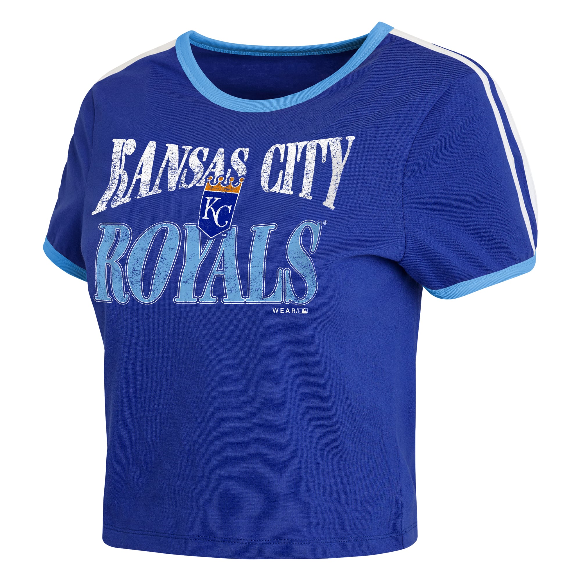 Women's WEAR by Erin Andrews  Royal Kansas City Royals Cropped Throwback Ringer Baby T-Shirt