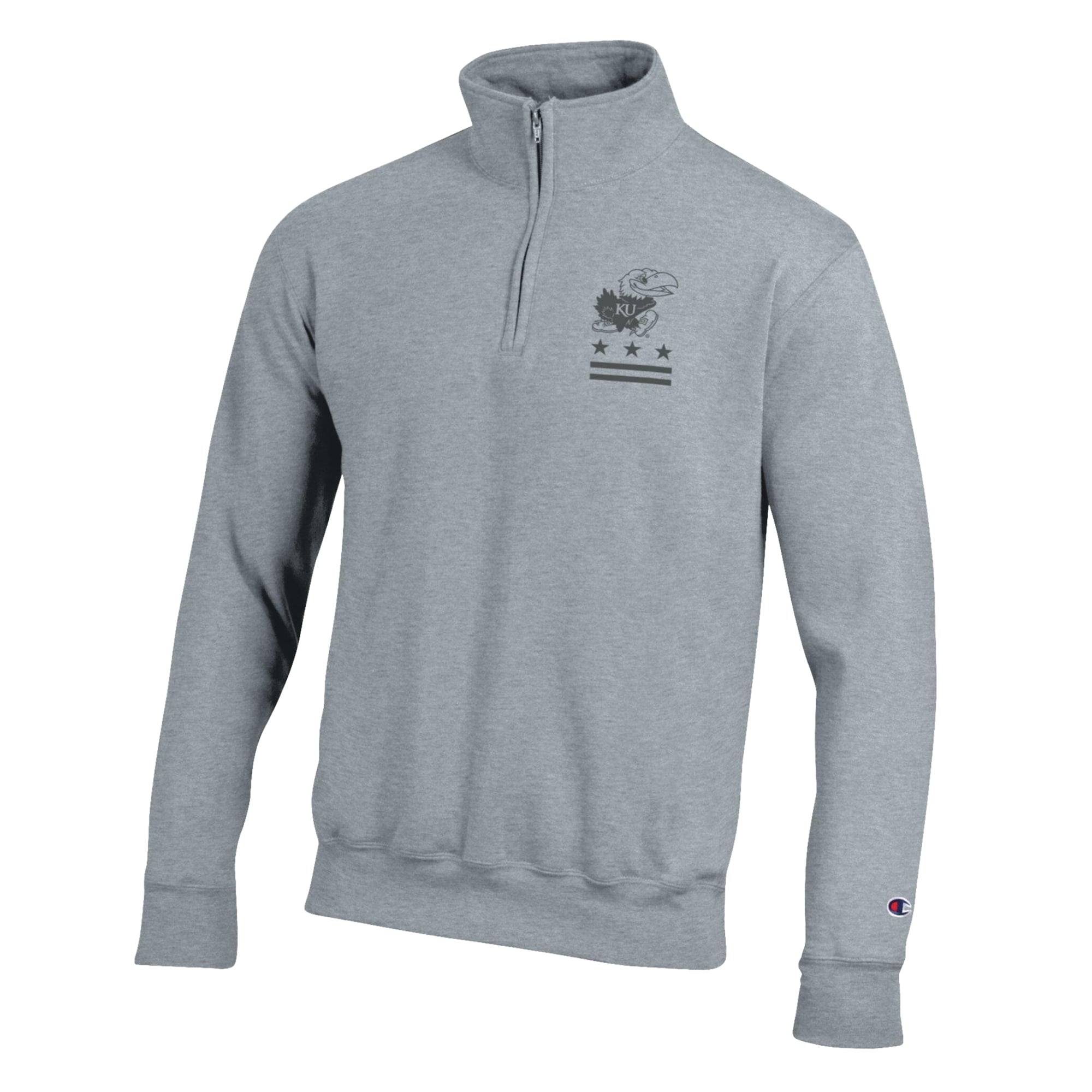 Men's Champion Gray Kansas Jayhawks Operation Hat Trick Flag Powerblend Fleece Quarter-Zip Pullover