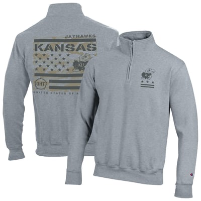  Kansas Jayhawks Champion Operation Hat Trick Flag Powerblend Fleece Quarter-Zip Pullover - Gray