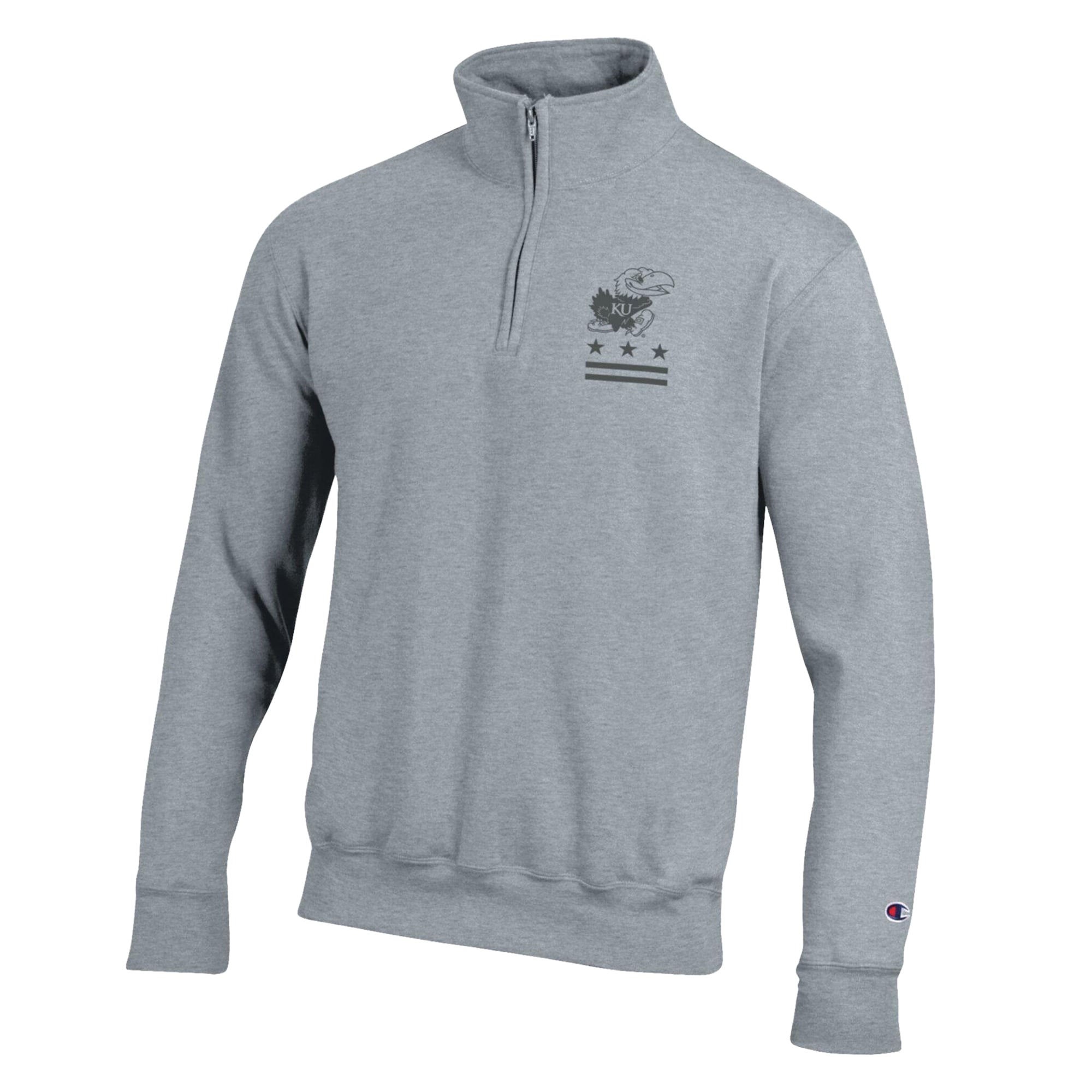 Pull-over à col zippé Champion pour homme, gris chiné, Kansas Jayhawks, motif « Operation Hat Trick », en polaire Powerblend.