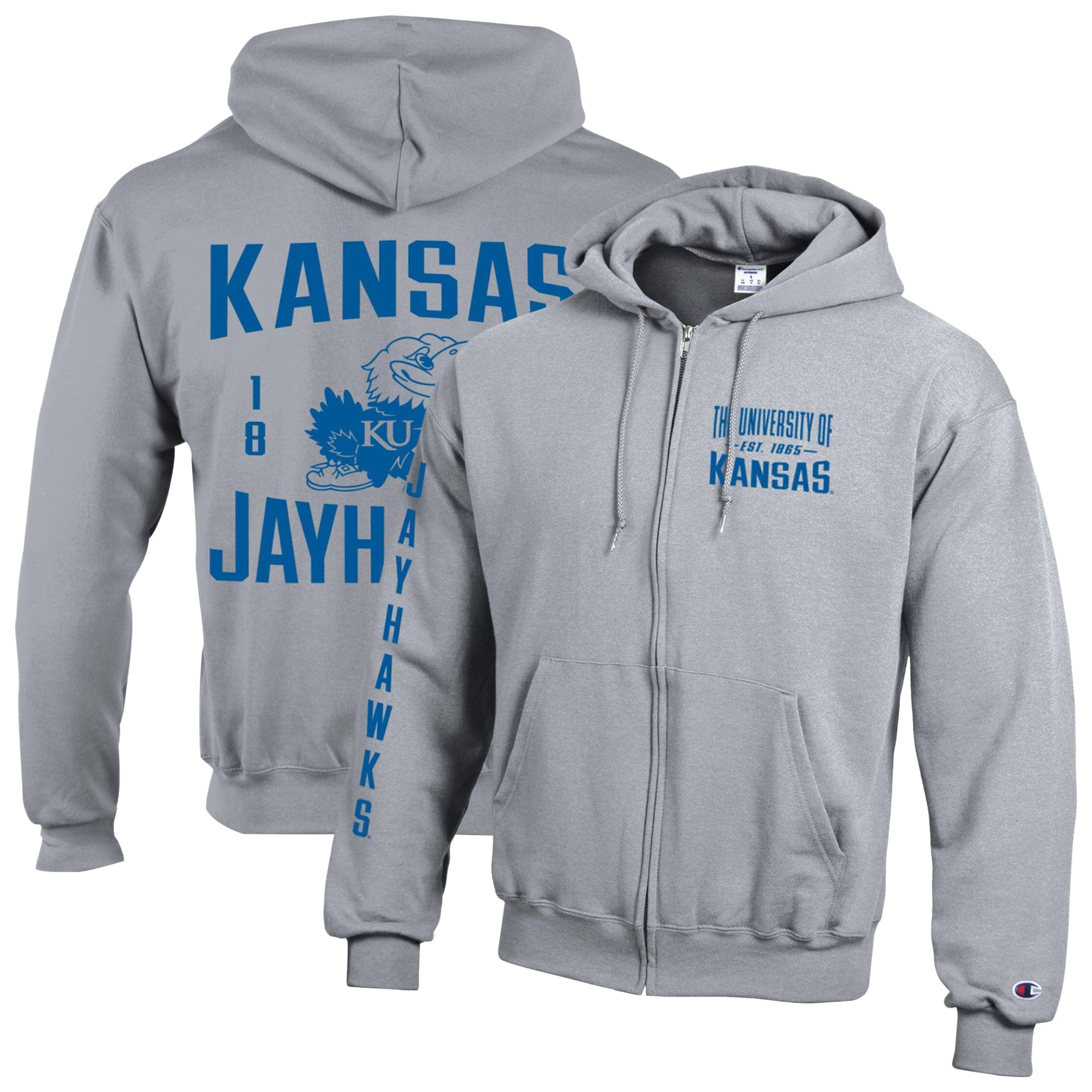 Men's Champion Heather Gray Kansas Jayhawks Varsity Powerblend Full-Zip Fleece Hoodie