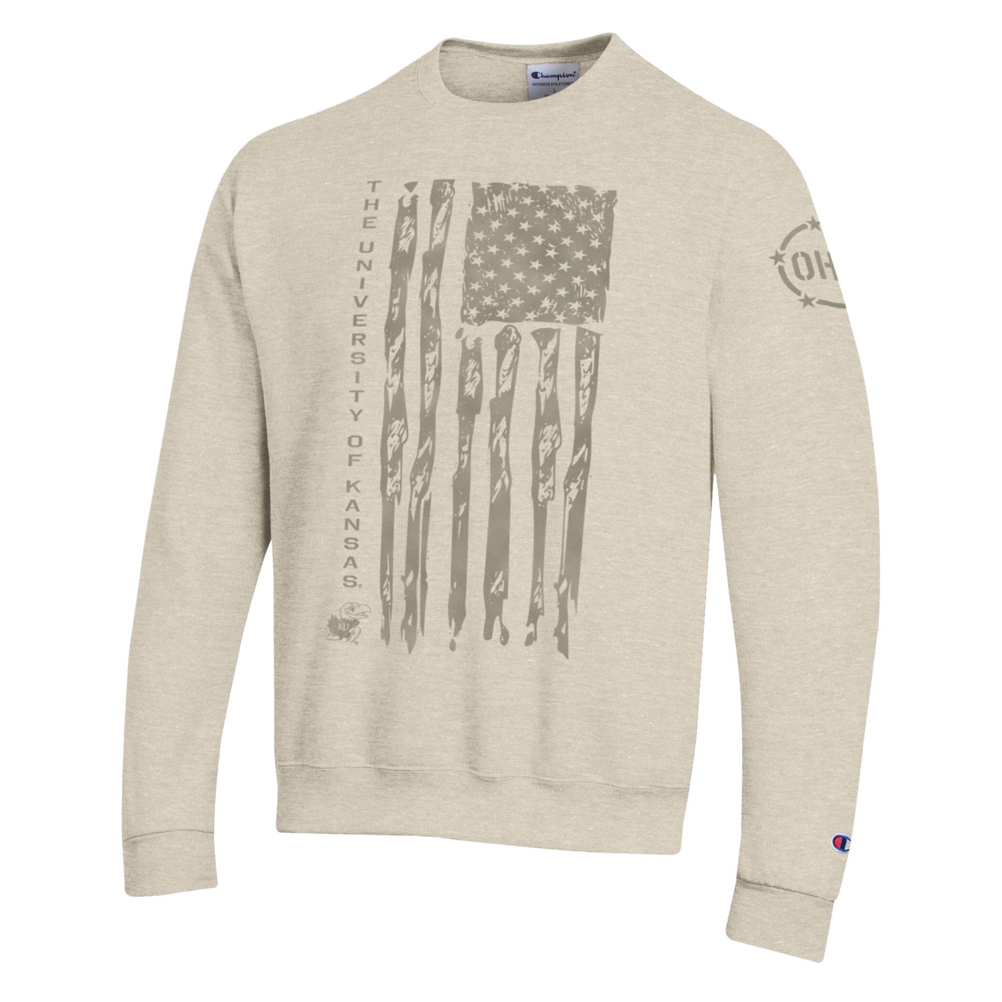 Men's Champion  Oatmeal Kansas Jayhawks Operation Hat Trick Flag Fleece Crewneck Sweatshirt