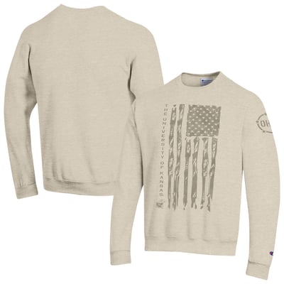  Kansas Jayhawks Champion Operation Hat Trick Flag Fleece Crewneck Sweatshirt - Oatmeal