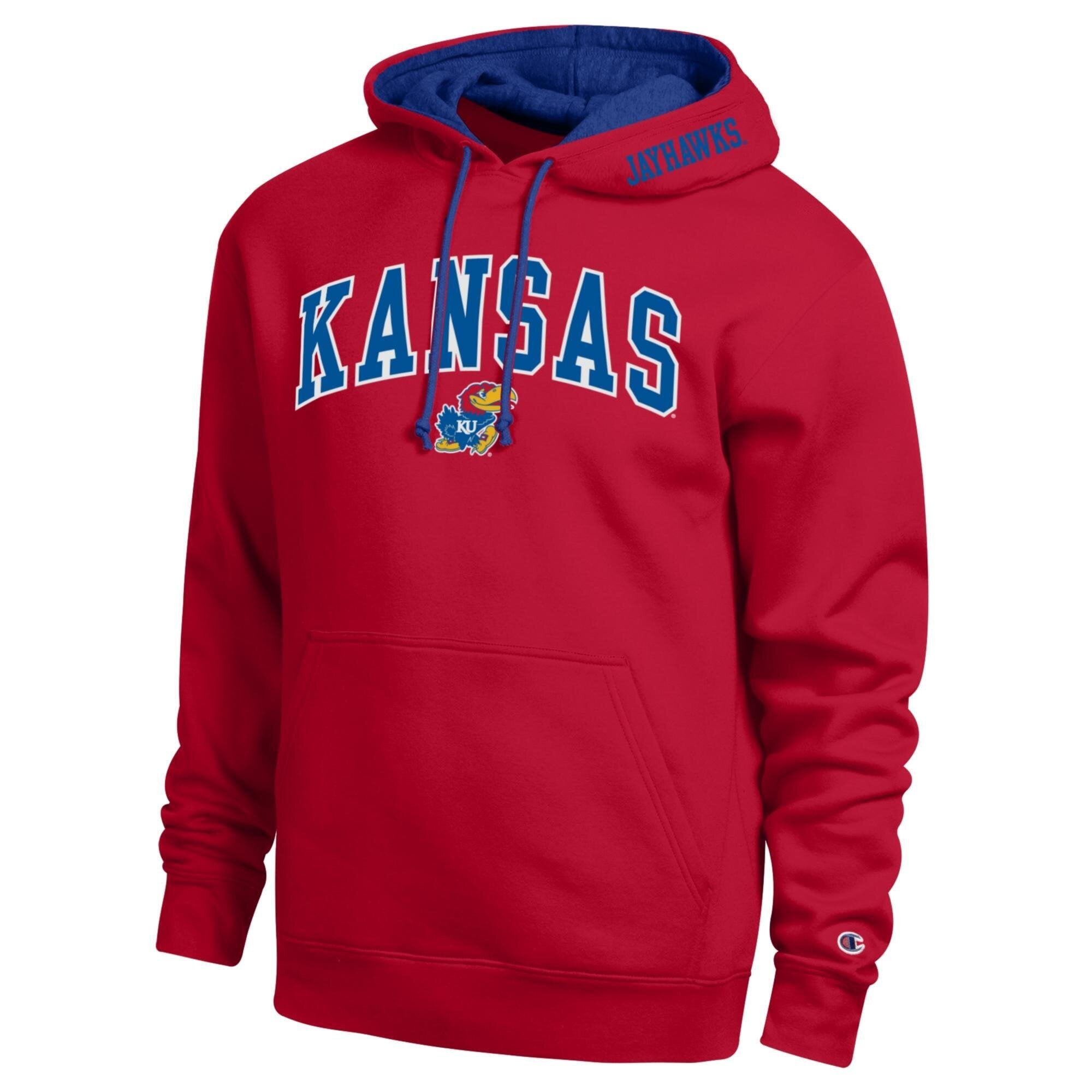 Sweat à capuche Champion rouge Kansas Jayhawks Arch Tackle en sergé pour homme