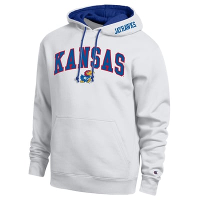  Kansas Jayhawks Champion Arch Tackle Twill Hoodie - White