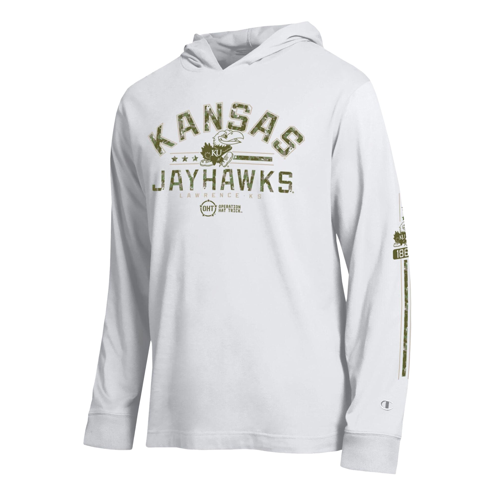 T-shirt à manches longues capuche Champion White Kansas Jayhawks Operation Hat Trick pour homme