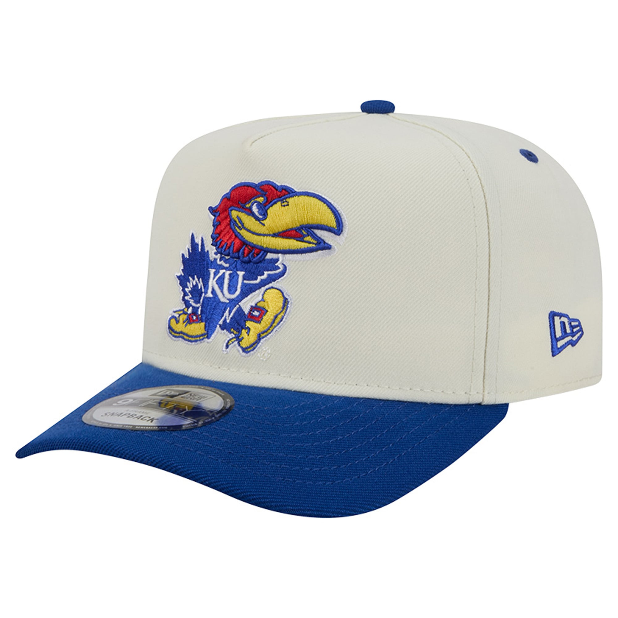 Casquette unisexe New Era blanche/bleu roi 9FIFTY à fermeture snapback en A, modèle Jayhawks du Kansas