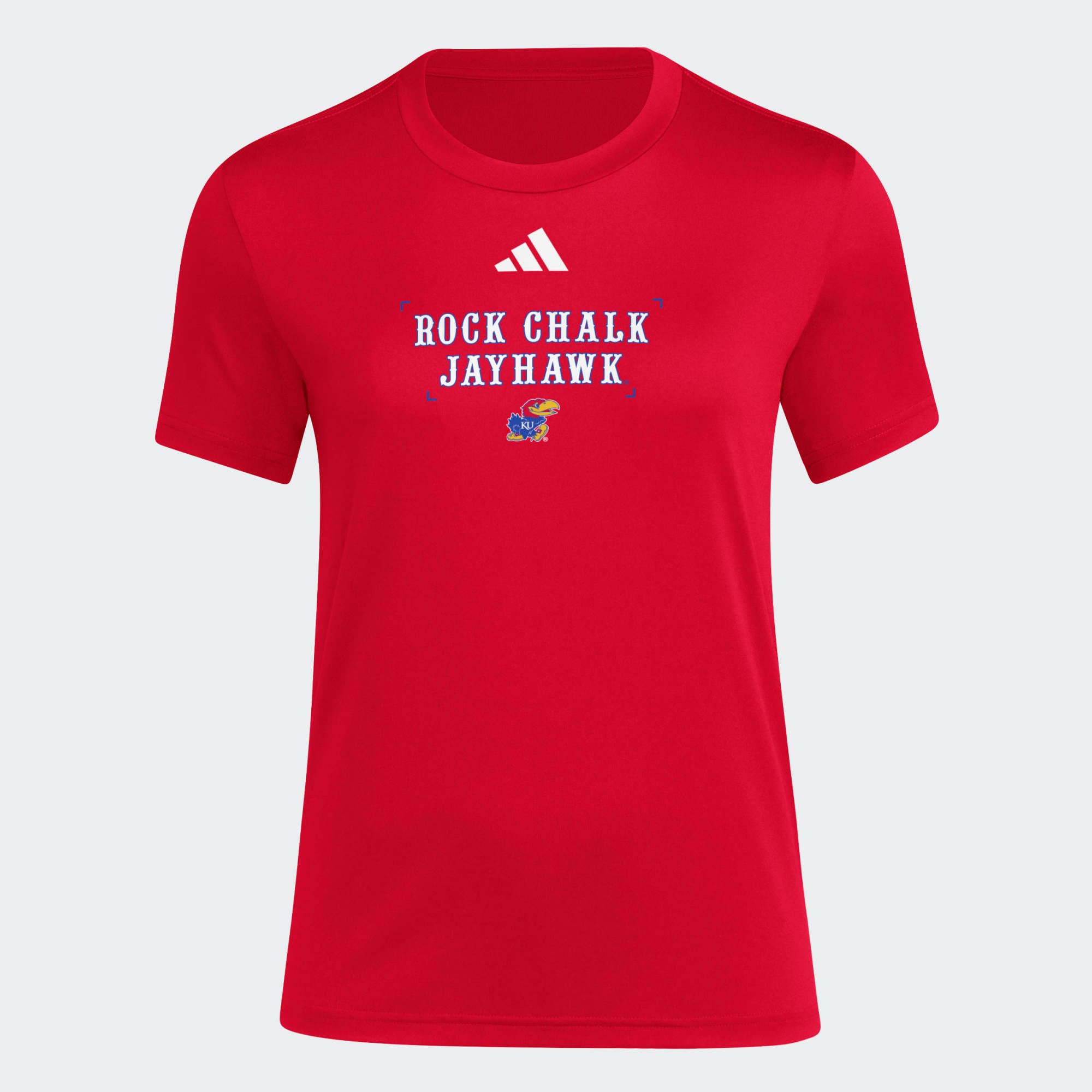 T-shirt d'avant-match adidas rouge Kansas Jayhawks pour femmes, avec slogan de vestiaire