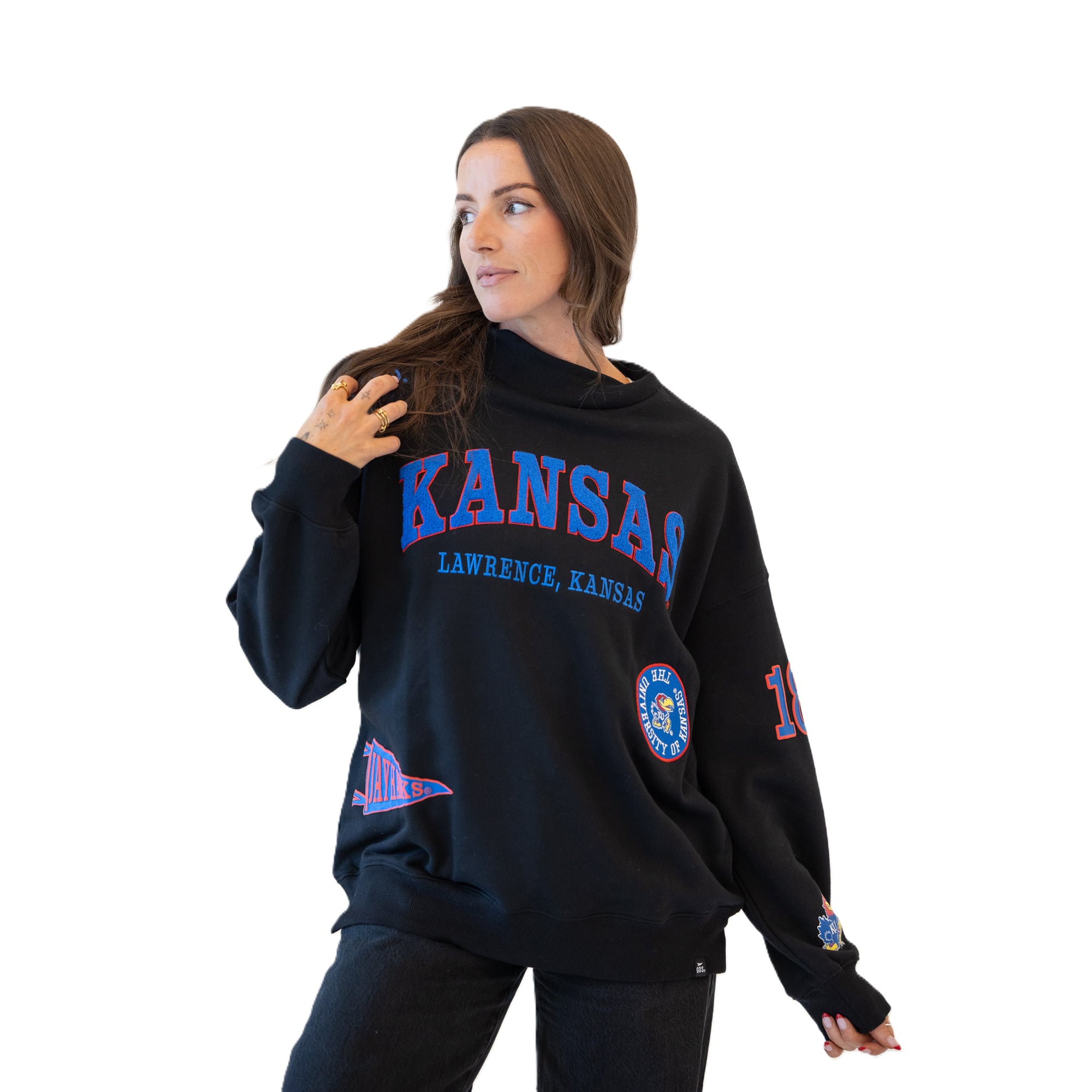 Sweat-shirt à col montant noir écusson Kansas Jayhawks pour femmes, collection Gameday Social