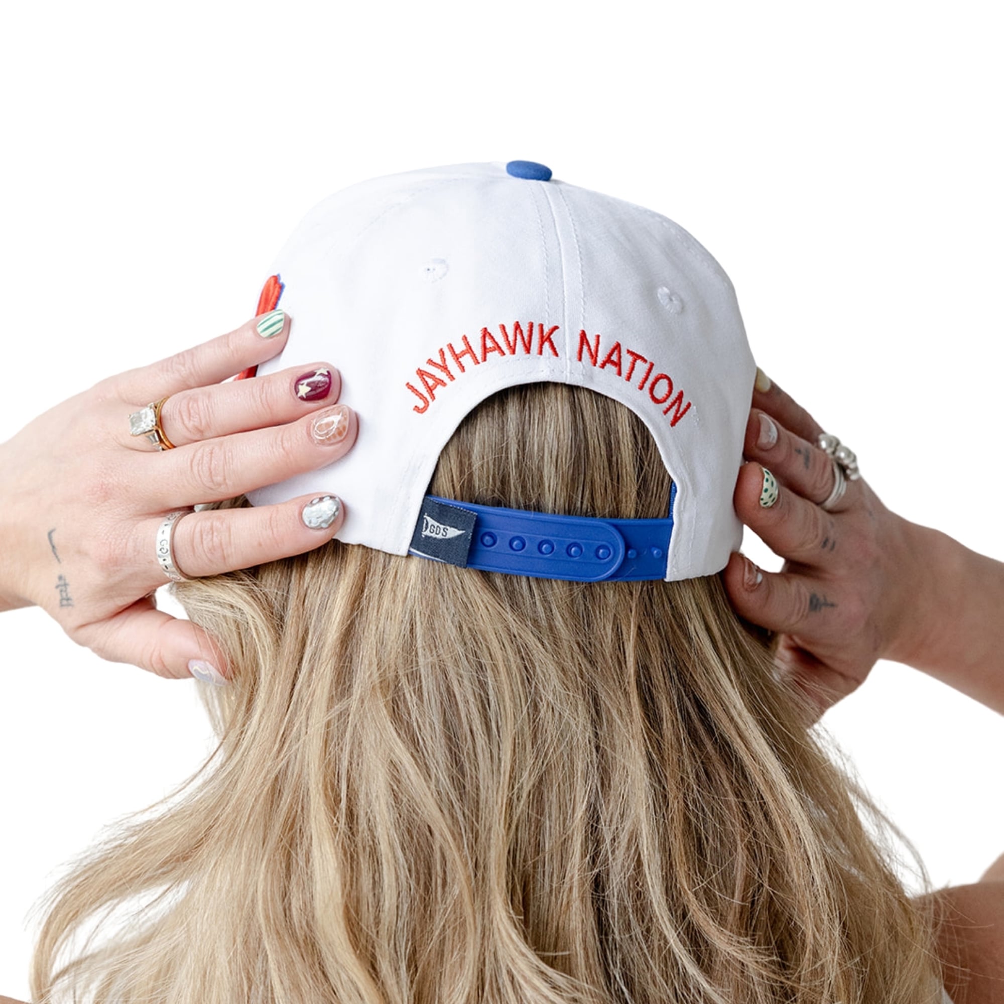 Women's Gameday Social  White/Royal Kansas Jayhawks Five-Panel Rope Away Adjustable Hat