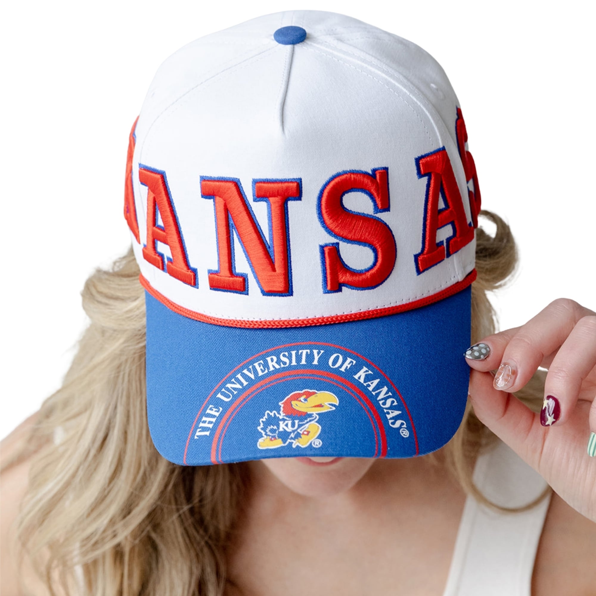 Women's Gameday Social White/Royal Kansas Jayhawks Five-Panel Rope Away Adjustable Hat